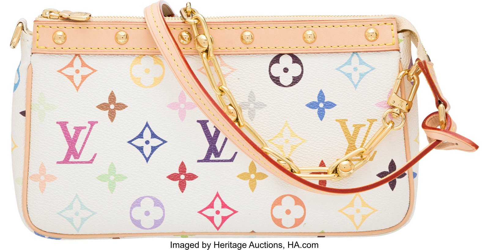 Louis Vuitton x Takashi Murakami White Multicolo: Louis Vuitton x Takashi Murakami White Multicolor Monogram Coated Canvas Pochette Accessoires Condition: 2 9" Width x 5" Height x 2" Depth This bag is done in White Multicolore Monogram Coated C