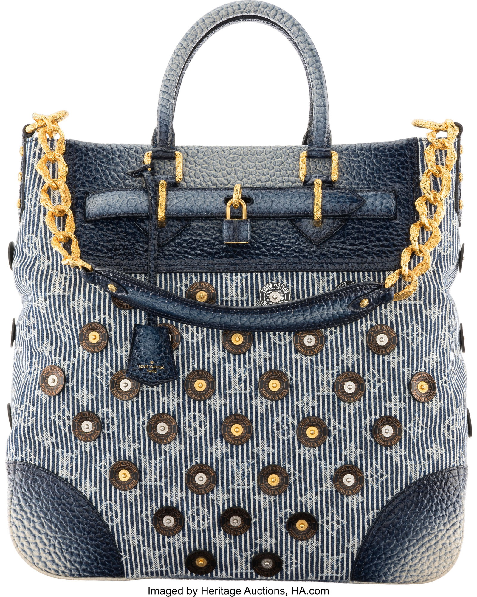 Louis Vuitton Blue Denim Monogram & Leather Polk: Louis Vuitton Blue Denim Monogram & Leather Polka Dot Corsaire Tote 2007 Condition: 1 17" Width x 14.75" Height This bag is done in Blue Monogram Denim with Blue and White Ombre Leath