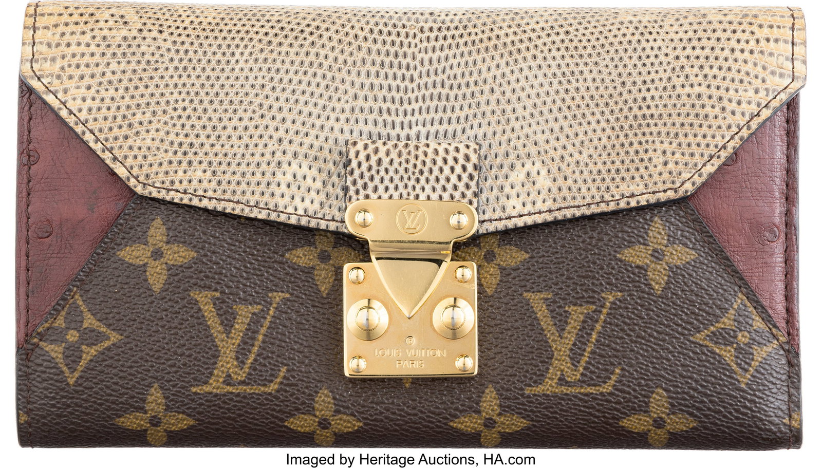 Louis Vuitton Monogram Coated Canvas, Lizard, Os: Louis Vuitton Monogram Coated Canvas, Lizard, Ostrich, & Python Majestueux Envelope Wallet Condition: 3 7.5" Width x 4.5" Height x 1.5" Depth This wall