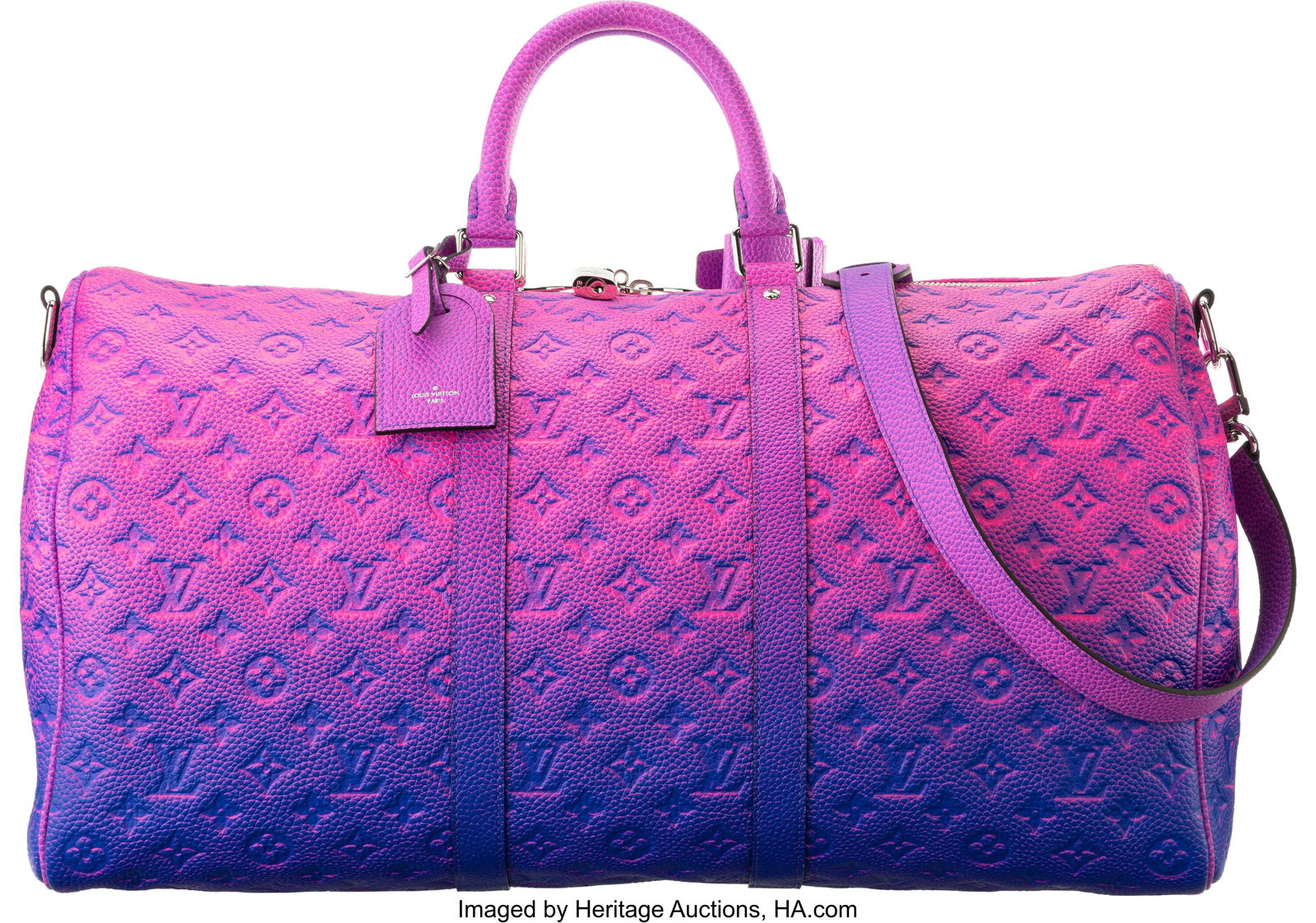 Louis Vuitton Pink & Blue Monogram Empreinte Lea: Louis Vuitton Pink & Blue Monogram Empreinte Leather Illusion Keepall Bandoulière 50 2022 Condition: 2 20" Width x 11" Height x 9" Depth This bag is done in Pink and Blue Monogram Emp