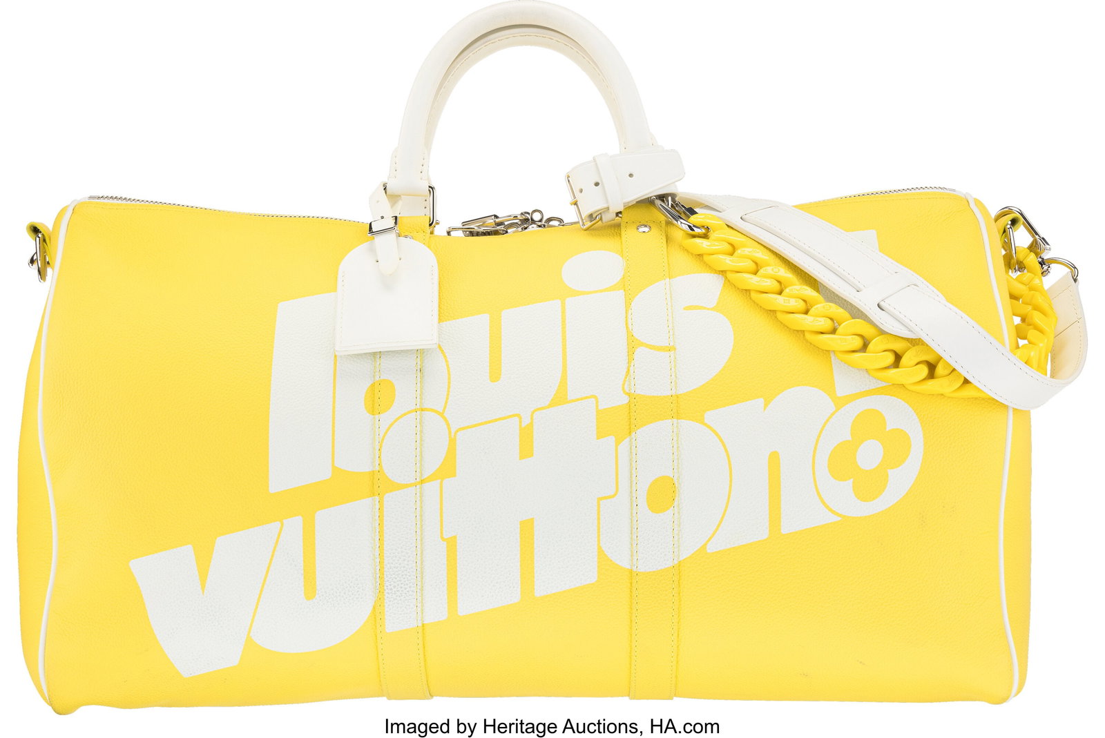 Louis Vuitton x Virgil Abloh Yellow Leather Ever: Louis Vuitton x Virgil Abloh Yellow Leather Everyday Keepall Bandoulière 50 with Silver Hardware Condition: 3 20" Width x 11" Height x 9" Depth This bag is done in Yellow Cowhide Leather 