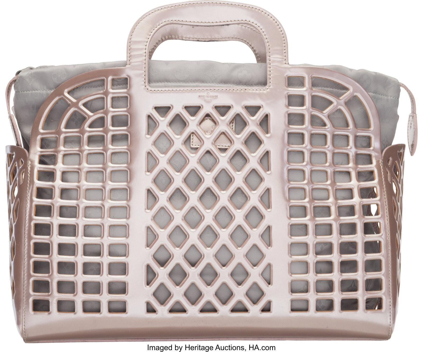 Louis Vuitton Metallic Pink Leather & Silver Mon: Louis Vuitton Metallic Pink Leather & Silver Monogram Nylon Jelly Bag MM Condition: 3 14" Width x 10" Height x 7" Depth This bag is done in Metallic Pink Leather, featuring two top han