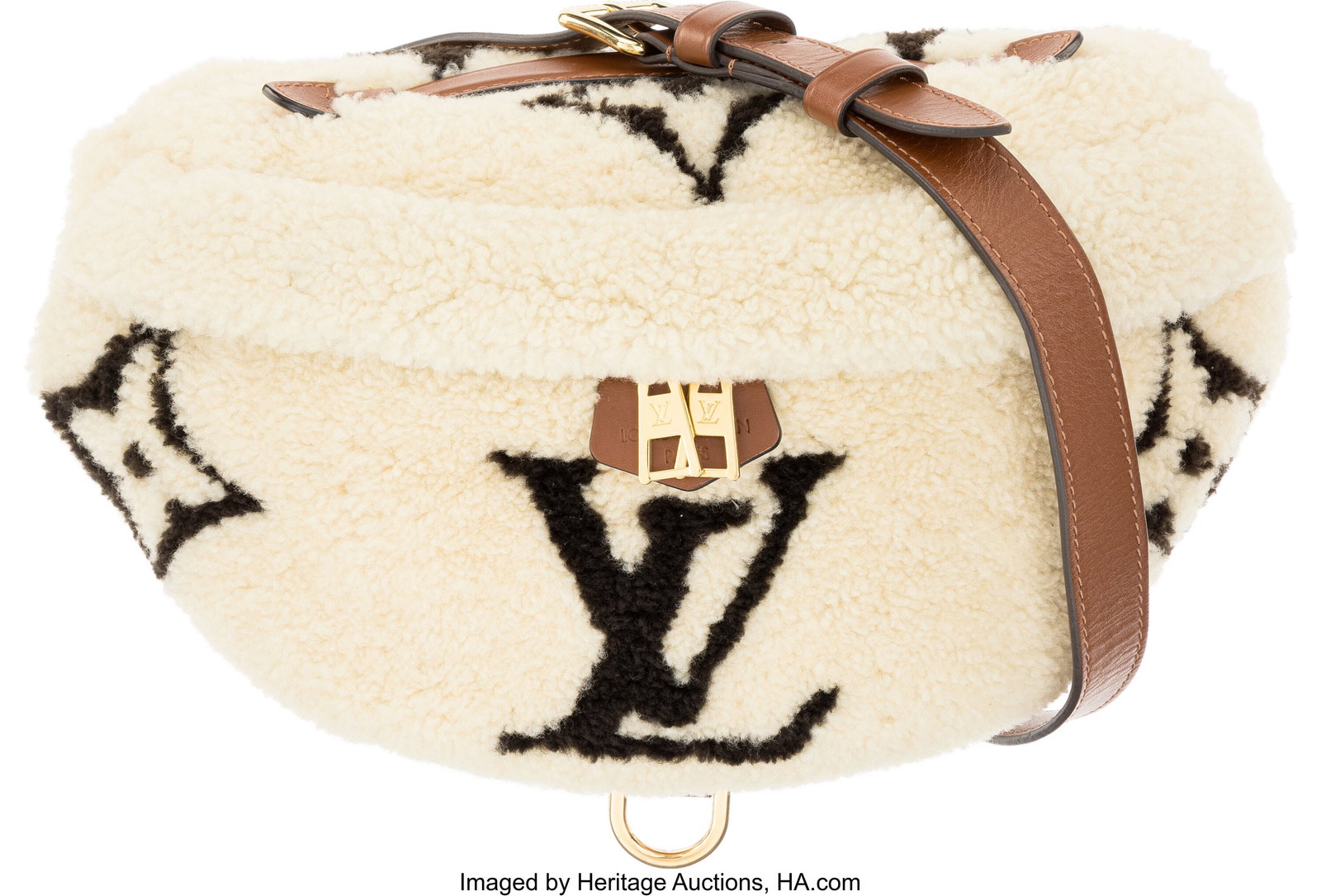 Louis Vuitton Giant Monogram Shearling Teddy Bum: Louis Vuitton Giant Monogram Shearling Teddy Bum Bag with Gold Hardware Fall 2019 Condition: 2 14.5" Width x 7" Height x 5.5" Depth This bag is done in Cream and Black Giant Monogr