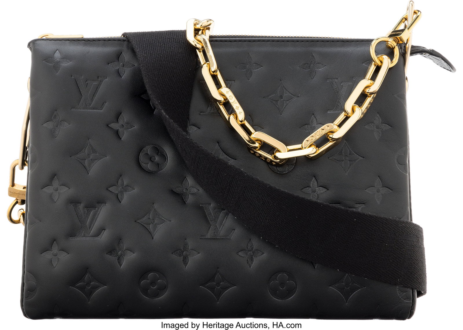 Louis Vuitton Black Monogram Leather Coussin PM : Louis Vuitton Black Monogram Leather Coussin PM Bag with Gold Hardware Condition: 3 10" Width x 8" Height x 4.5" Depth This bag is done in Black Monogram Leather with Gold Hardware,