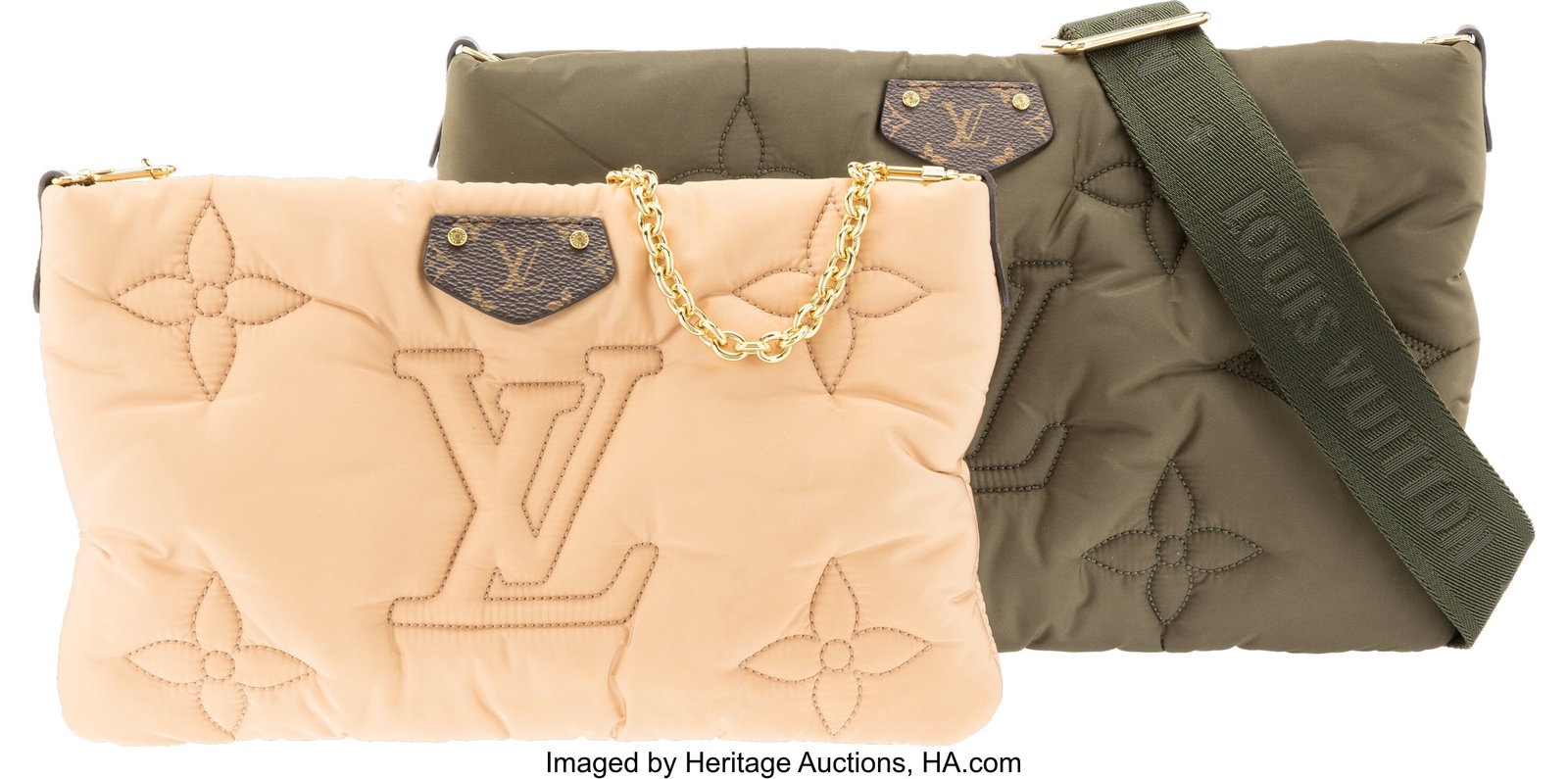 Louis Vuitton Beige & Khaki Pillow Maxi Monogram: Louis Vuitton Beige & Khaki Pillow Maxi Monogram Nylon Multi Pochette Accessoires with Gold Hardware Condition: 1 13.5" Width x 7.75" Height x 1.5" Depth This bag is