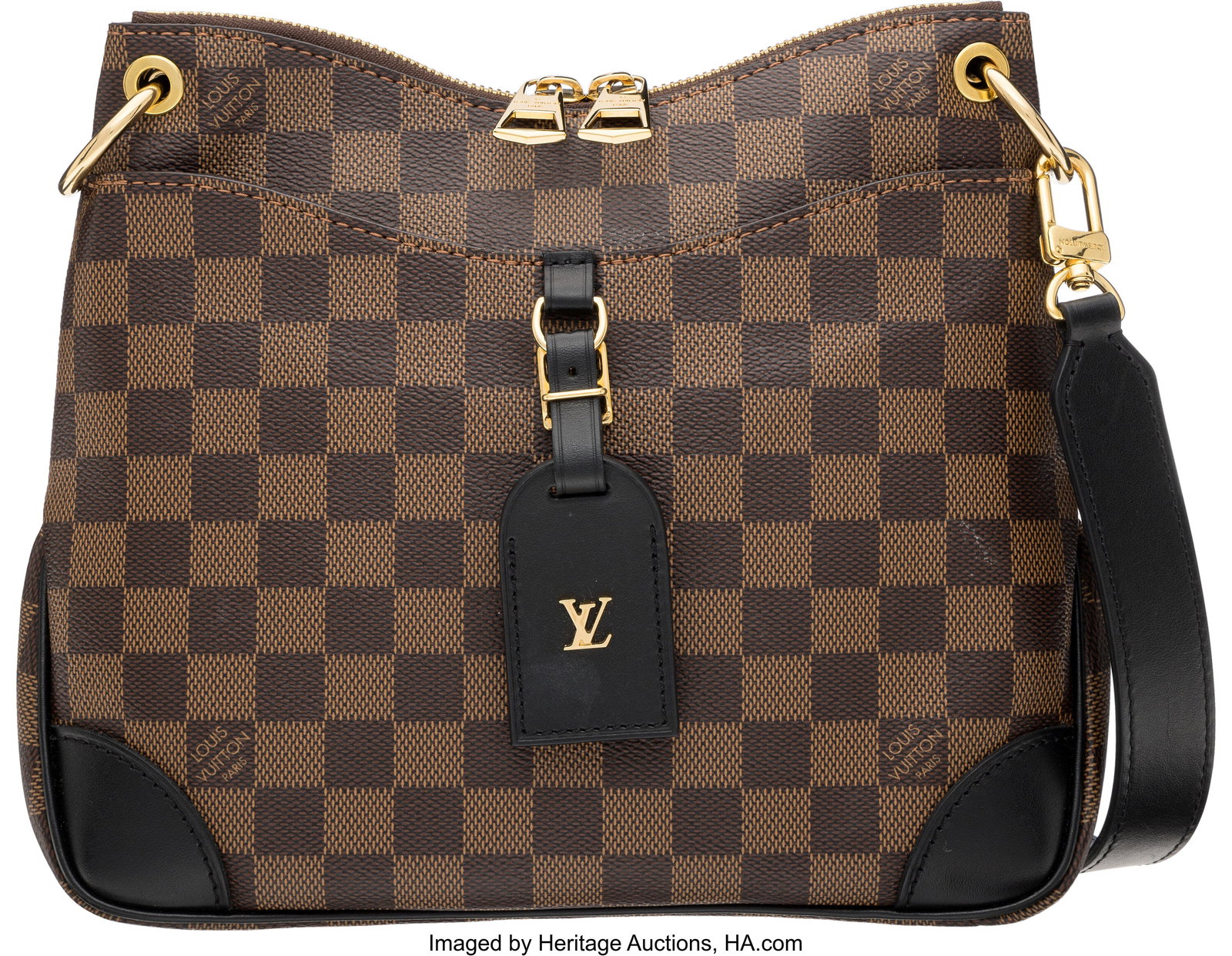 Louis Vuitton Ebene Damier Coated Canvas & Black: Louis Vuitton Ebene Damier Coated Canvas & Black Leather Odeon PM Bag Condition: 2 9.75" Width x 8.25" Height x 2.75" Depth This bag is done in Ebene Damier Coated