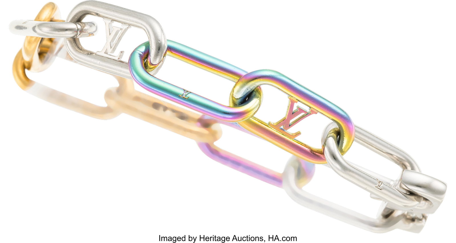 Louis Vuitton Multicolor Metal Signature Chain L: Louis Vuitton Multicolor Metal Signature Chain Link Bracelet Condition: 2 8.5" Length This bracelet link is done in Gold, Silver, and Rainbow Plated Hardware. There is