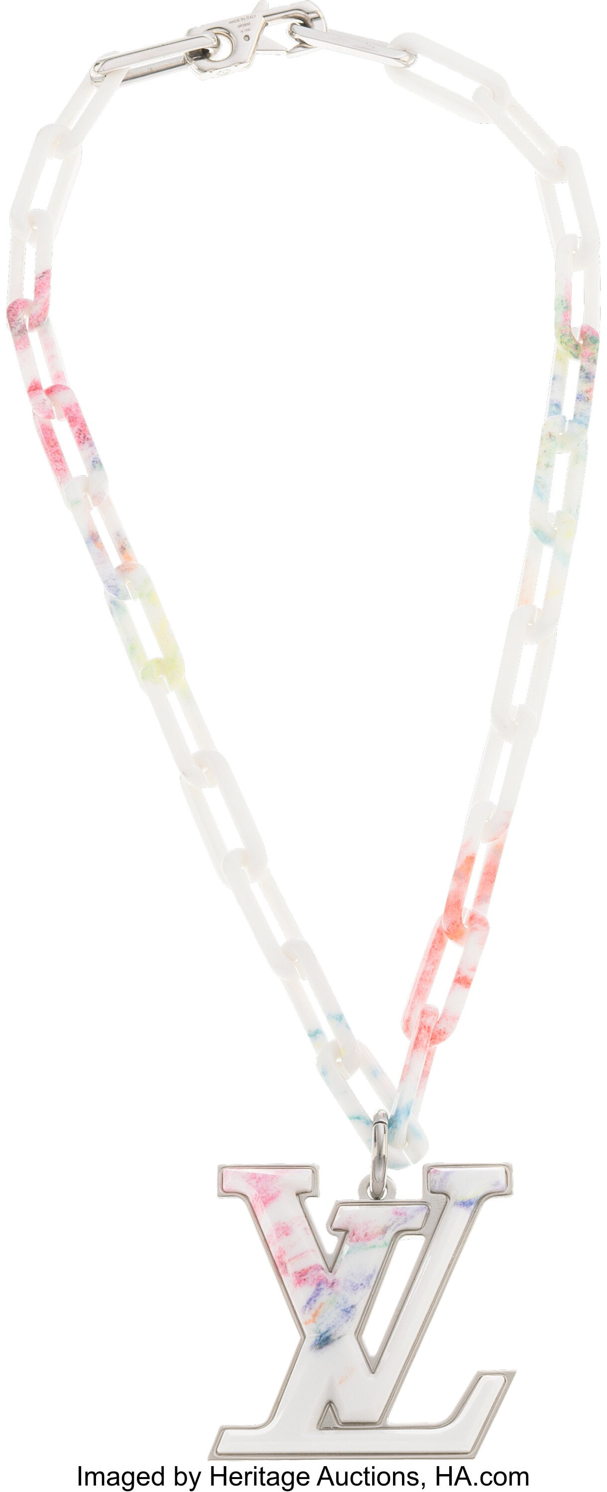 Louis Vuitton x Virgil Abloh White & Multicolor : Louis Vuitton x Virgil Abloh White & Multicolor Ceramic LV Charm Necklace with Silver Hardware 2020 Condition: 1 20" Length This necklace is done in White and Multicolor Ceramic with Silver