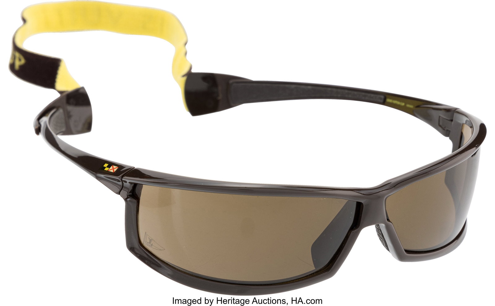 Louis Vuitton Limited Edition Brown & Yellow "LV: Louis Vuitton Limited Edition Brown & Yellow "LV Cup" Sunglasses 2006 Condition: 2 These sunglasses are done in Brown Acetate, featuring a Brown and Yellow strap. There is