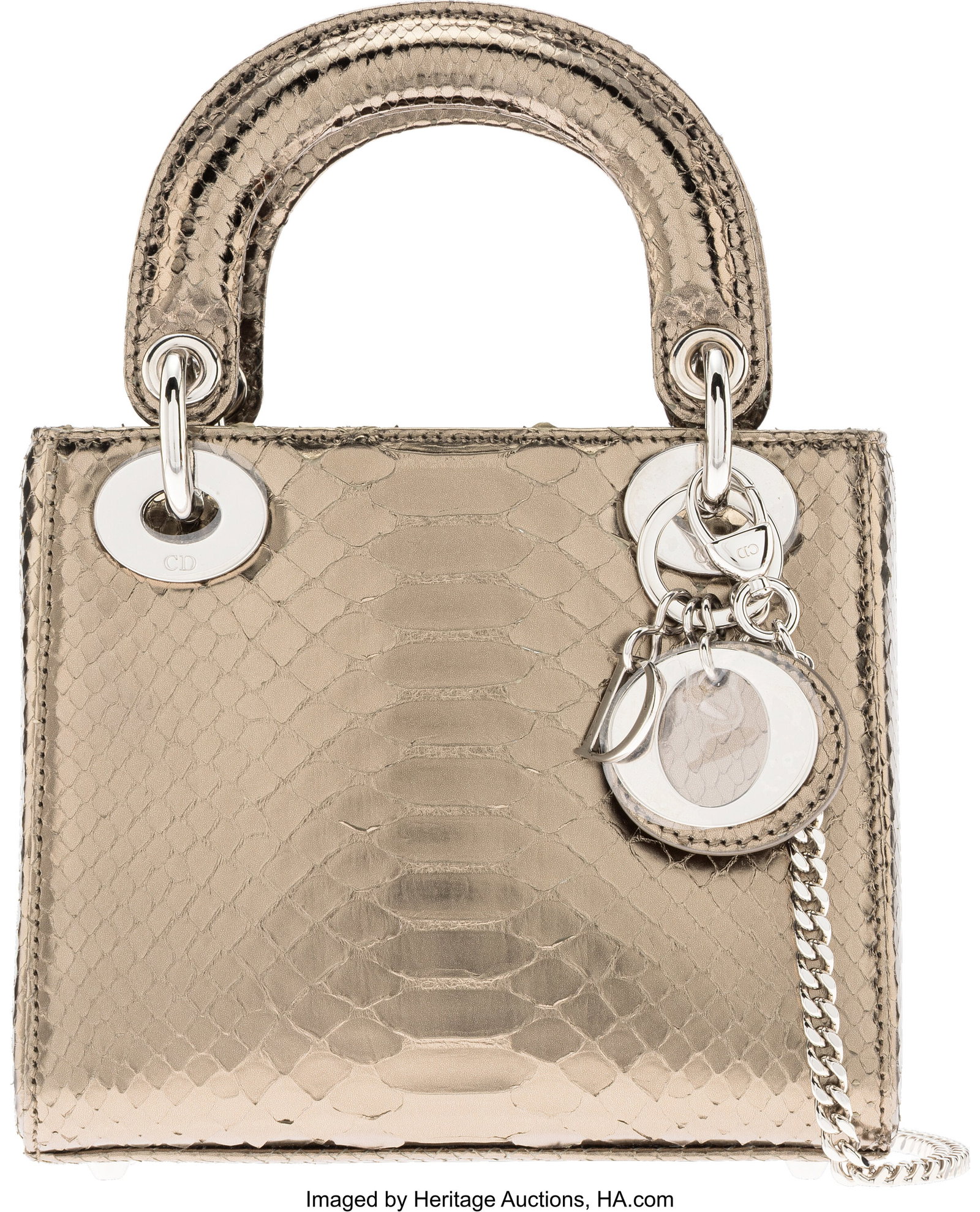 Christian Dior Metallic Pewter Python Mini Lady : Christian Dior Metallic Pewter Python Mini Lady Dior Bag with Silver Hardware Condition: 1 7" Width x 6" Height x 2.25" Depth This bag is done in Metallic Pewter Python with Silver Hardwa