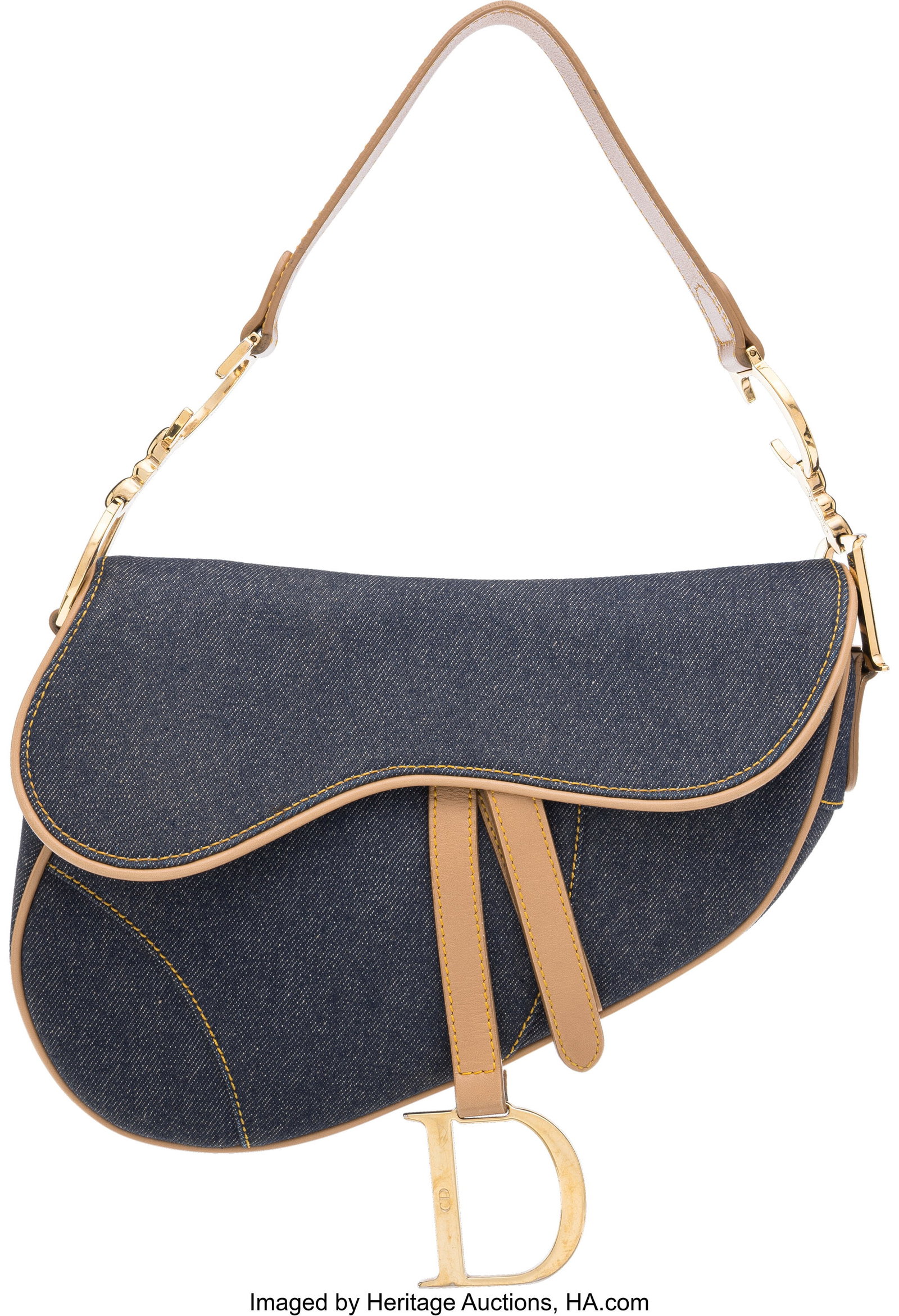 Christian Dior Blue Denim & Leather Saddle Bag w: Christian Dior Blue Denim & Leather Saddle Bag with Gold Hardware Condition: 3 8.25" Width x 6.75" Height x 2.75" Depth This bag is done in Blue Denim with Leather Trim