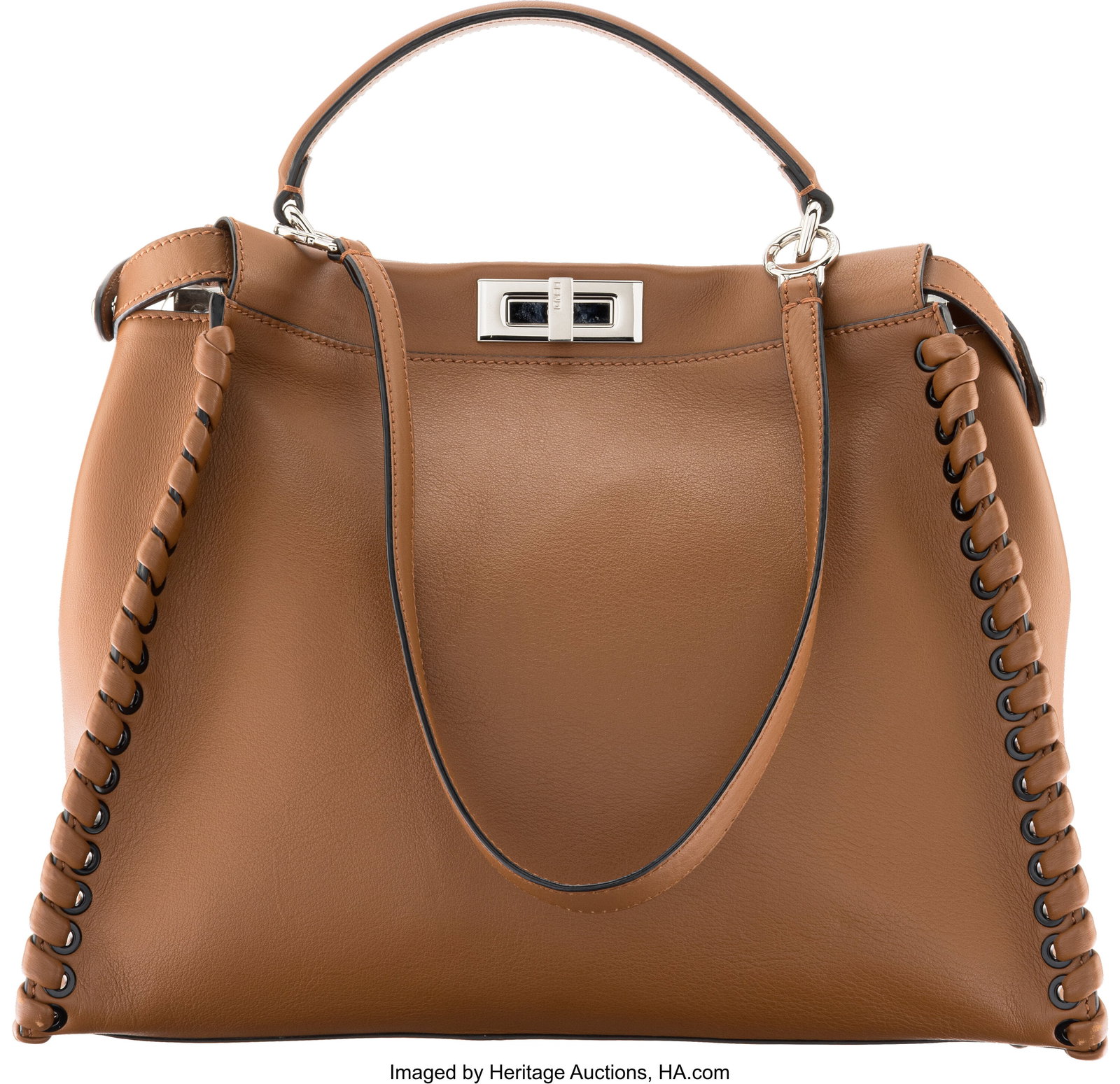 Fendi Brown Leather Large Peekaboo Bag with Silv: Fendi Brown Leather Large Peekaboo Bag with Silver Hardware Condition: 2 12.75" Width x 12" Height x 5" Depth This bag is done in Brown Leather with Silver Hardware, featuring one