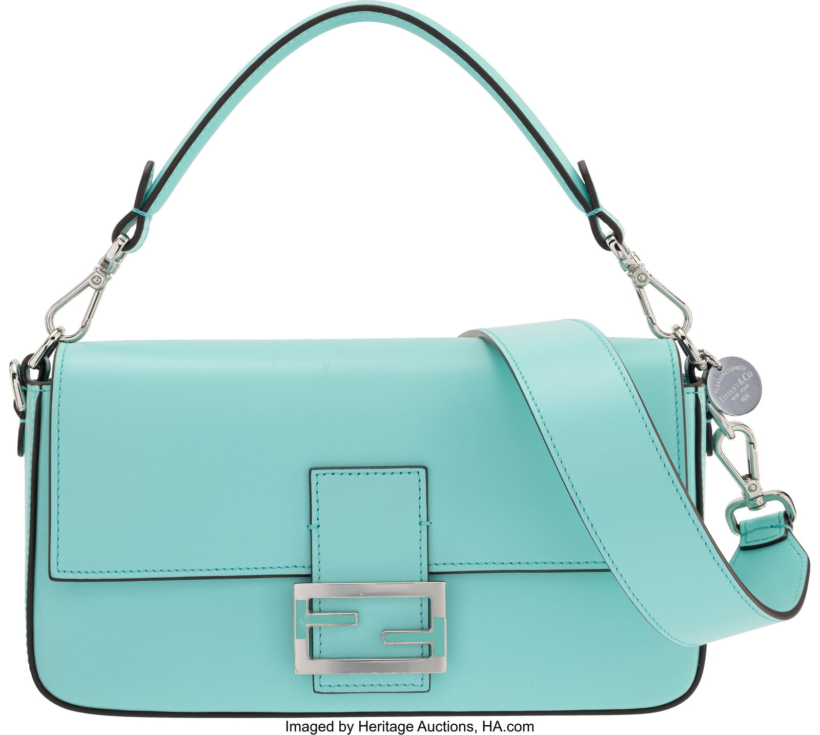 Fendi x Tiffany & Co. Blue Leather Baguette with: Fendi x Tiffany & Co. Blue Leather Baguette with Sterling Silver Plated & Enamel Hardware 2022 Condition: 1 10.75" Width x 5" Height x 2.5" Depth This bag is done in