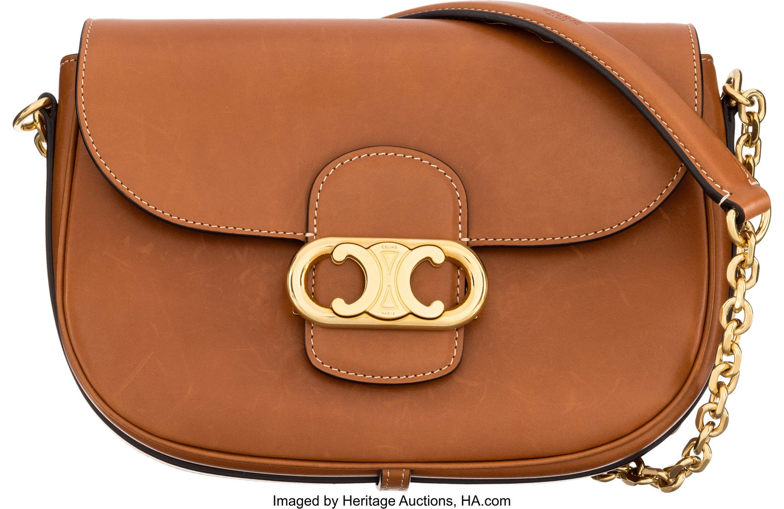 Celine Tan Calfskin Leather Medium Chain Maillon: Celine Tan Calfskin Leather Medium Chain Maillon Triomphe Bag Condition: 3 8" Width x 6.25" Height x 2.25" Depth This bag is done in Tan Calfskin Leather with Gold Hardware, 