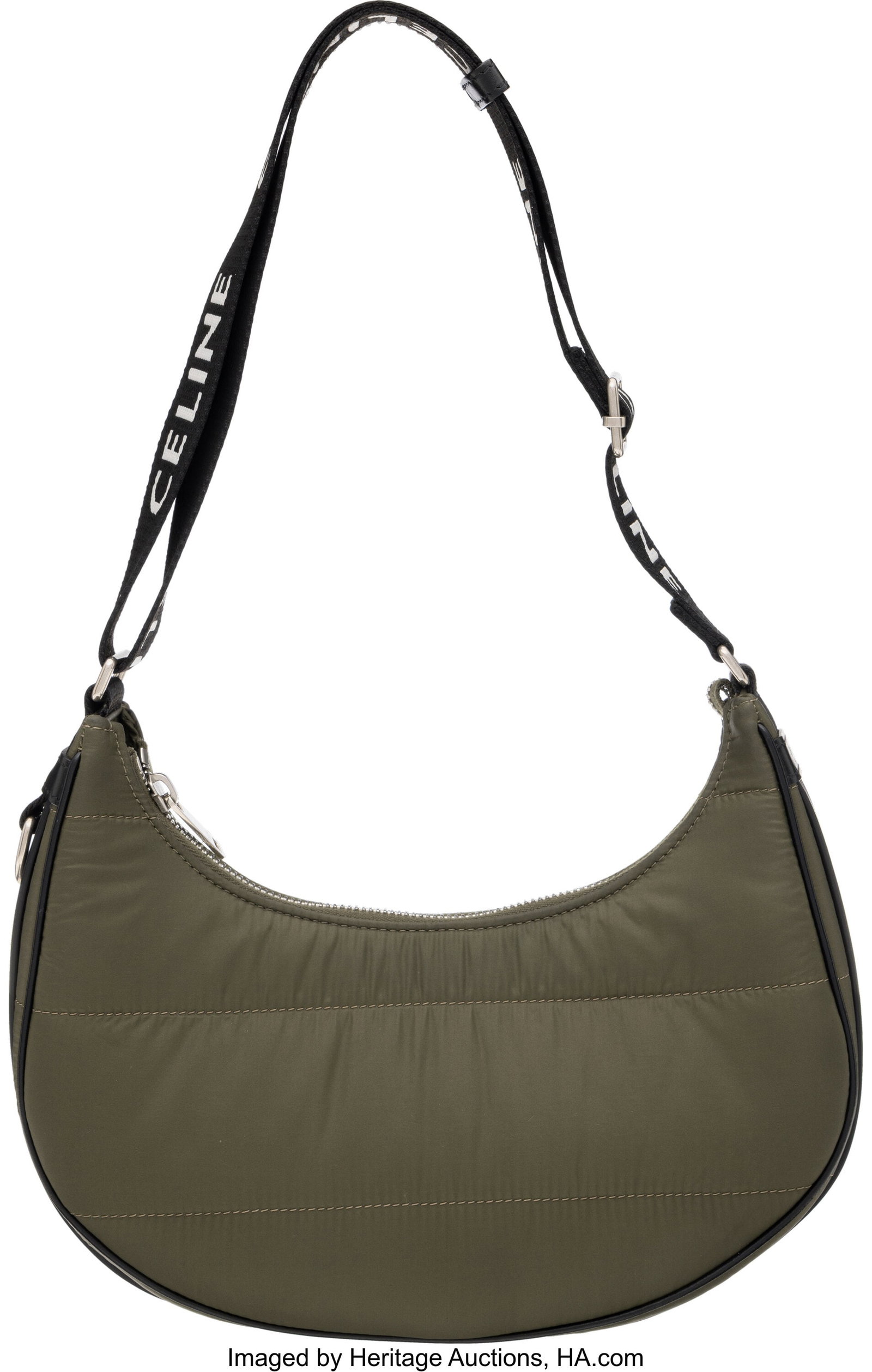 Celine Green Nylon & Black Leather Ava Bag with : Celine Green Nylon & Black Leather Ava Bag with Silver Hardware Condition: 1 9.75" Width x 6" Height x 2.5" Depth This bag is done in Green Nylon with Silver Hardware, fe