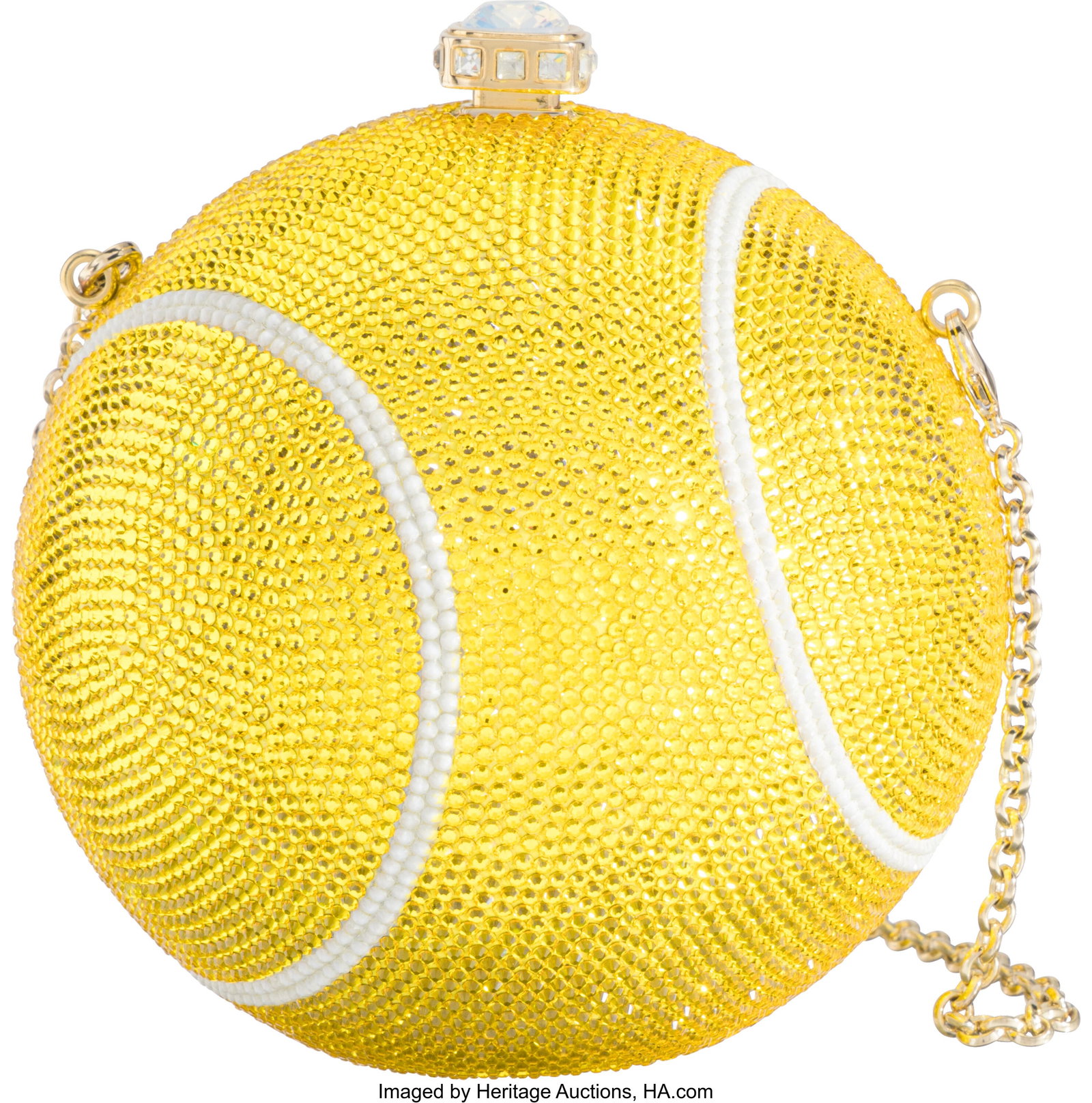 Judith Leiber Yellow & White Crystal Tennis Ball: Judith Leiber Yellow & White Crystal Tennis Ball Minaudière with Gold Hardware Condition: 1 4" Width x 4" Height x 4" Depth This minaudière is done in Yellow and White