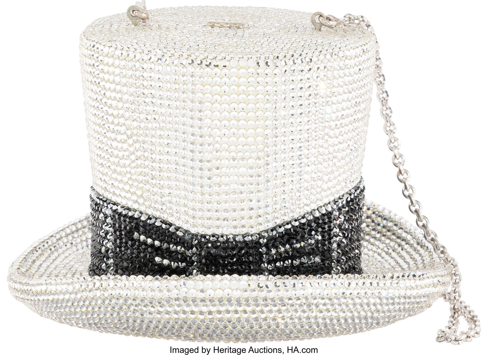 Judith Leiber Silver & Black Crystal Top Hat Min: Judith Leiber Silver & Black Crystal Top Hat Minaudière with Silver Hardware Condition: 2 6" Width x 4" Height x 5.75" Depth This minaudière is done in Silver and Black