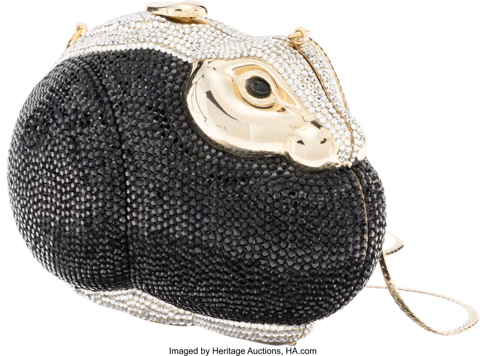 Judith Leiber Black & Silver Crystal Rabbit Mina: Judith Leiber Black & Silver Crystal Rabbit Minaudière with Gold Hardware Condition: 2 6" Width x 4" Height x 2.5" Depth This minaudière is done in Black and Silver