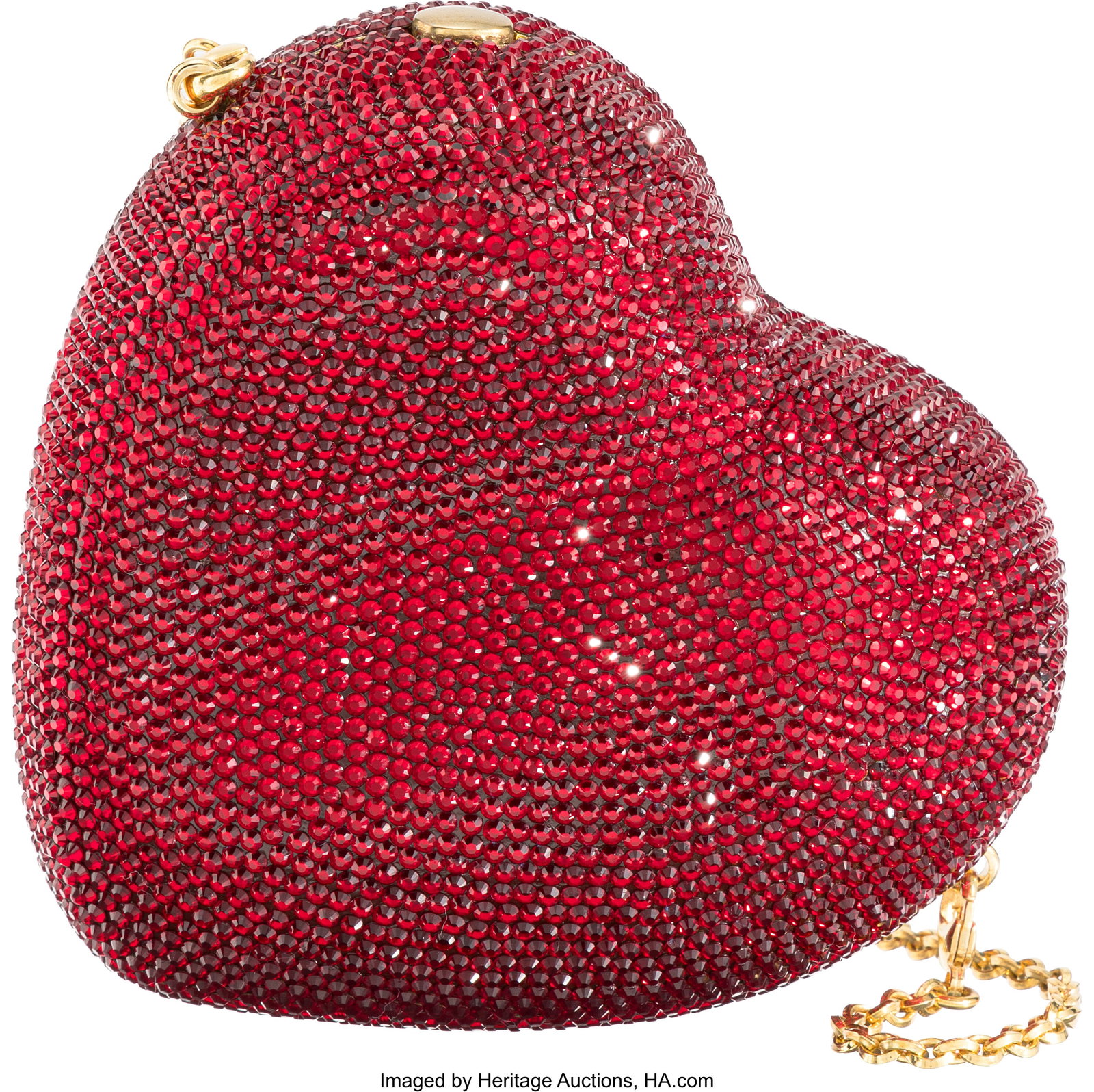 Judith Leiber Red Crystal Heart Minaudière with: Judith Leiber Red Crystal Heart Minaudière with Gold Hardware Condition: 2 5" Width x 4" Height x 2" Depth This minaudière is done in Red Crystal with Gold Hardware,
