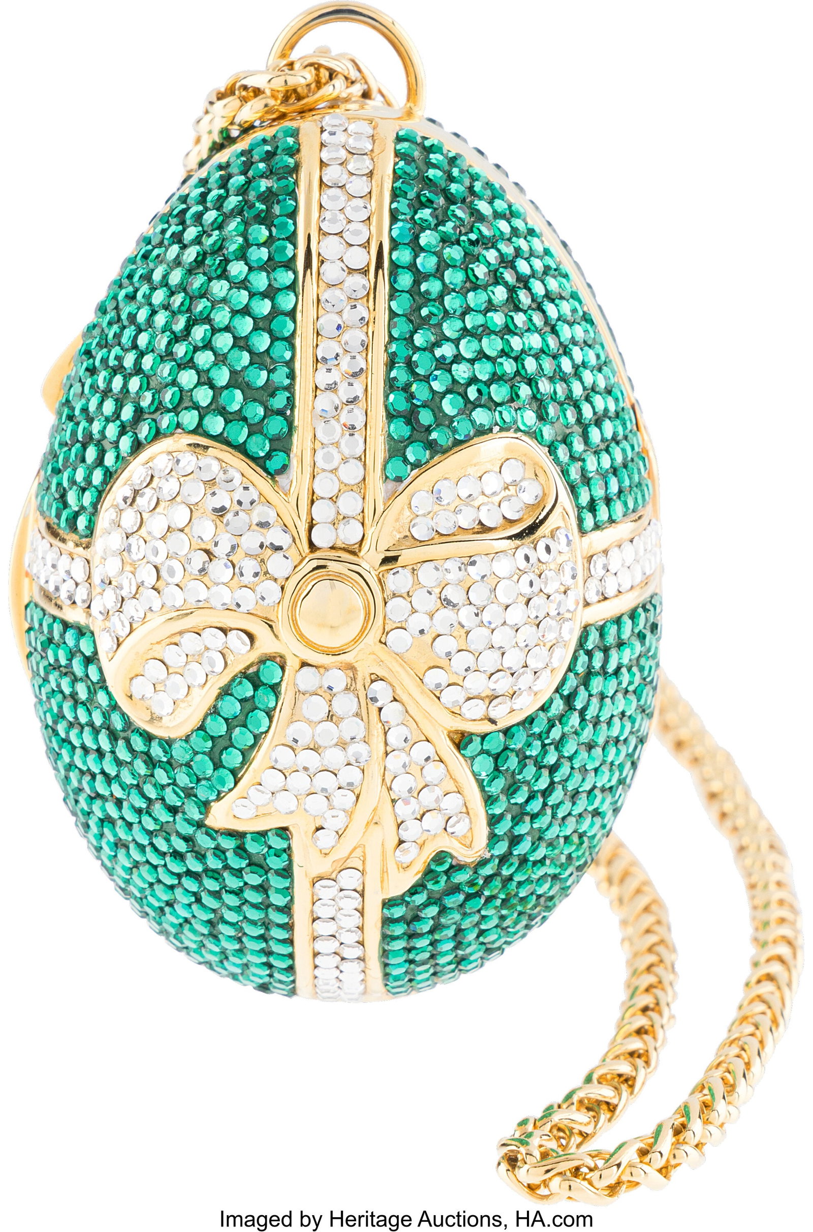 Judith Leiber Gold & Green Crystal Egg Bow Box P: Judith Leiber Gold & Green Crystal Egg Bow Box Pendant On Chain Condition: 3 25" Length This Pendant is done in Green and White Crystals with Gold Hardware, featuring a pushlock