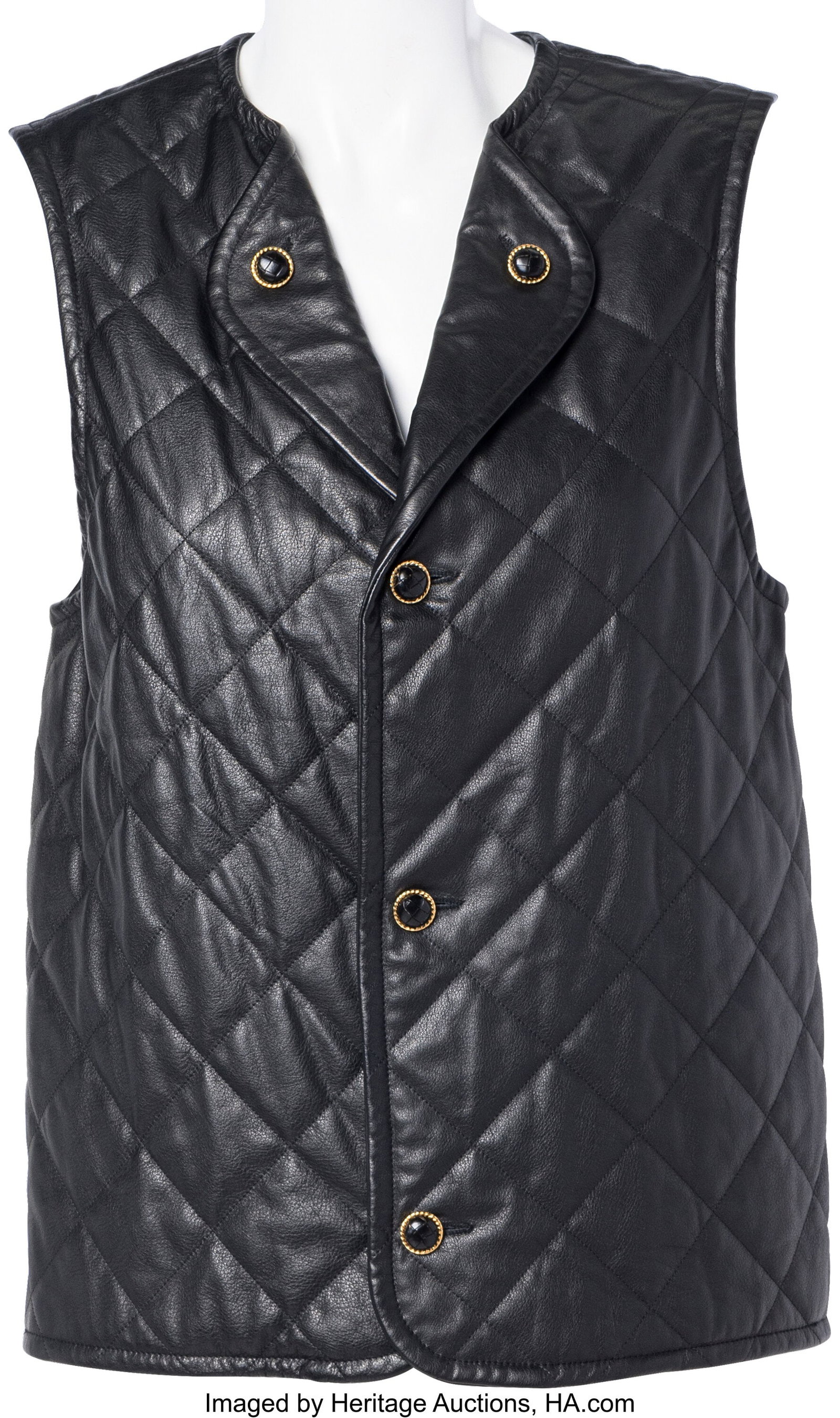 Bottega Veneta Black Quilted Leather Vest Condi: Bottega Veneta Black Quilted Leather Vest Condition: 2 Estimated Size 38-40 This vest is done in Black Quilted Leather, featuring Gold Buttons. There is one small mark on the
