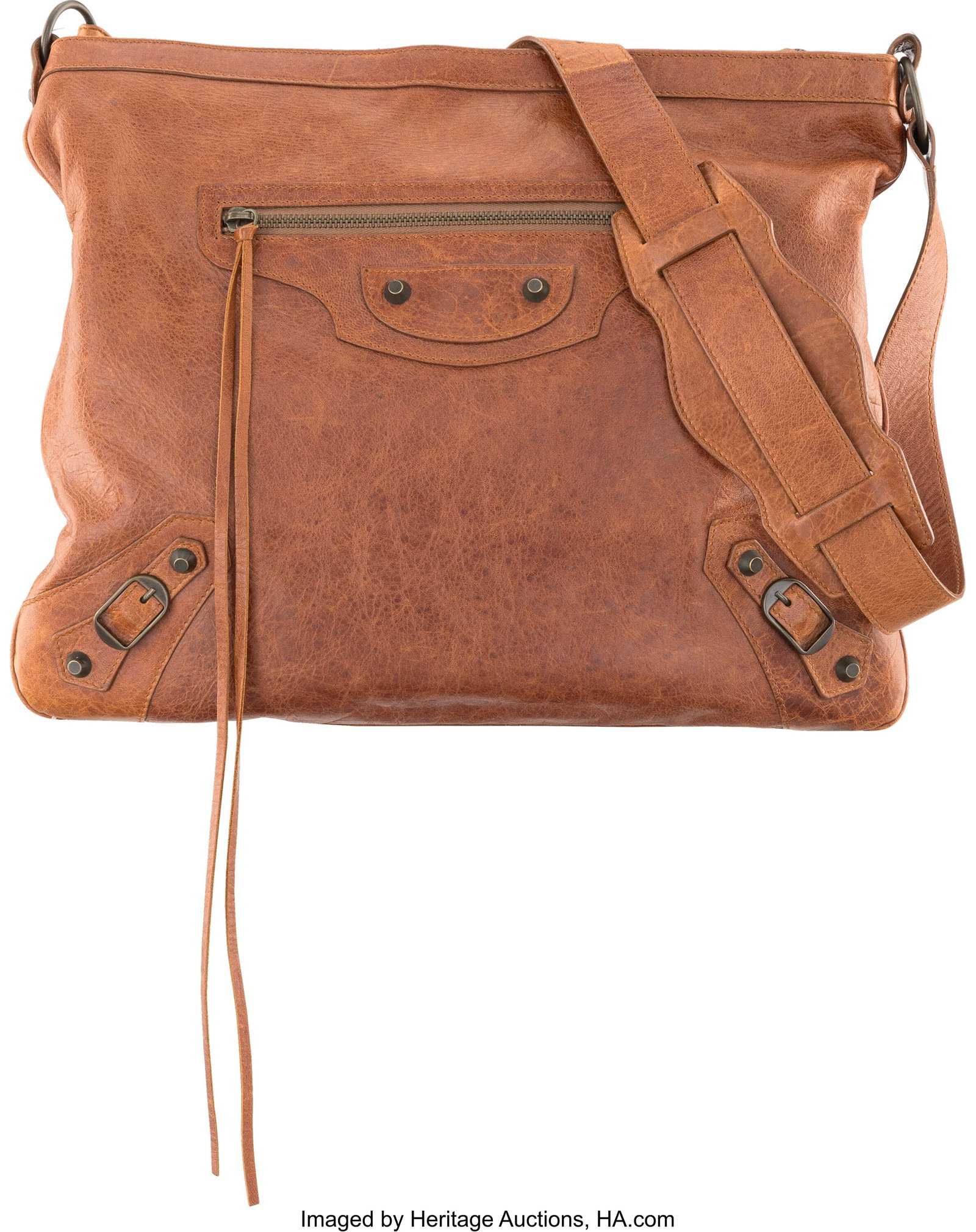 Balenciaga Brown Aged Leather Day Tote with Dark: Balenciaga Brown Aged Leather Day Tote with Dark Brass Hardware Condition: 2 14.5" Width x 12" Height x 1" Depth This bag is done in Brown Aged Calfskin Leather with Dark Brass