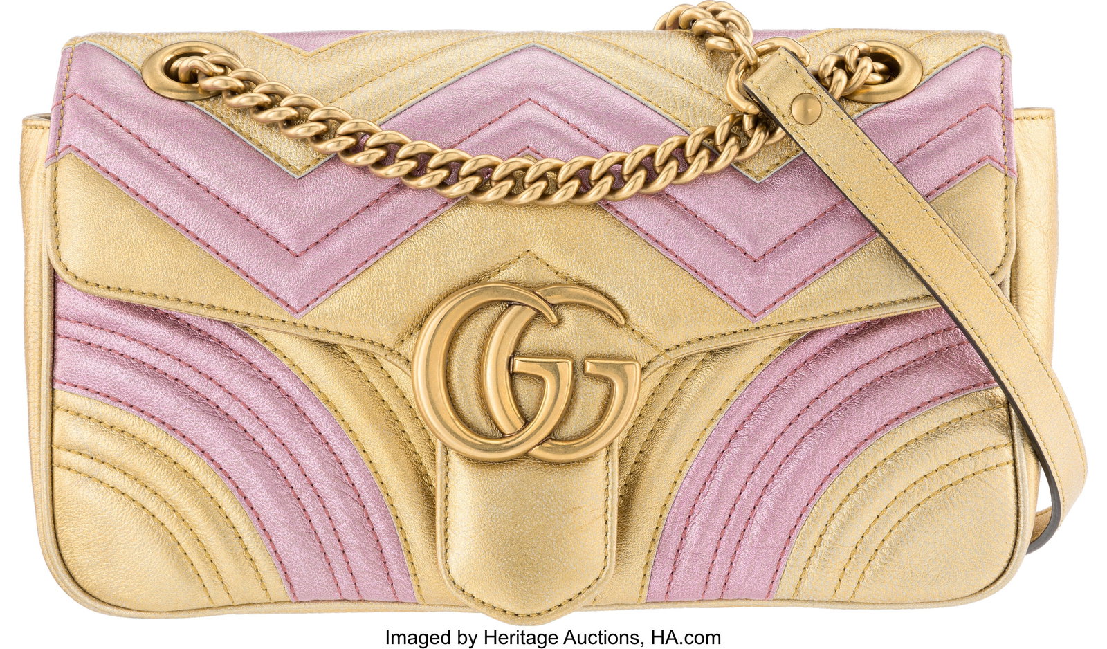 Gucci Metallic Gold & Pink Quilted Leather Small: Gucci Metallic Gold & Pink Quilted Leather Small Marmont Bag with Aged Gold Hardware Condition: 3 10" Width x 6" Height x 2.5" Depth This bag is done in Gold and Pink Quilted Leather 