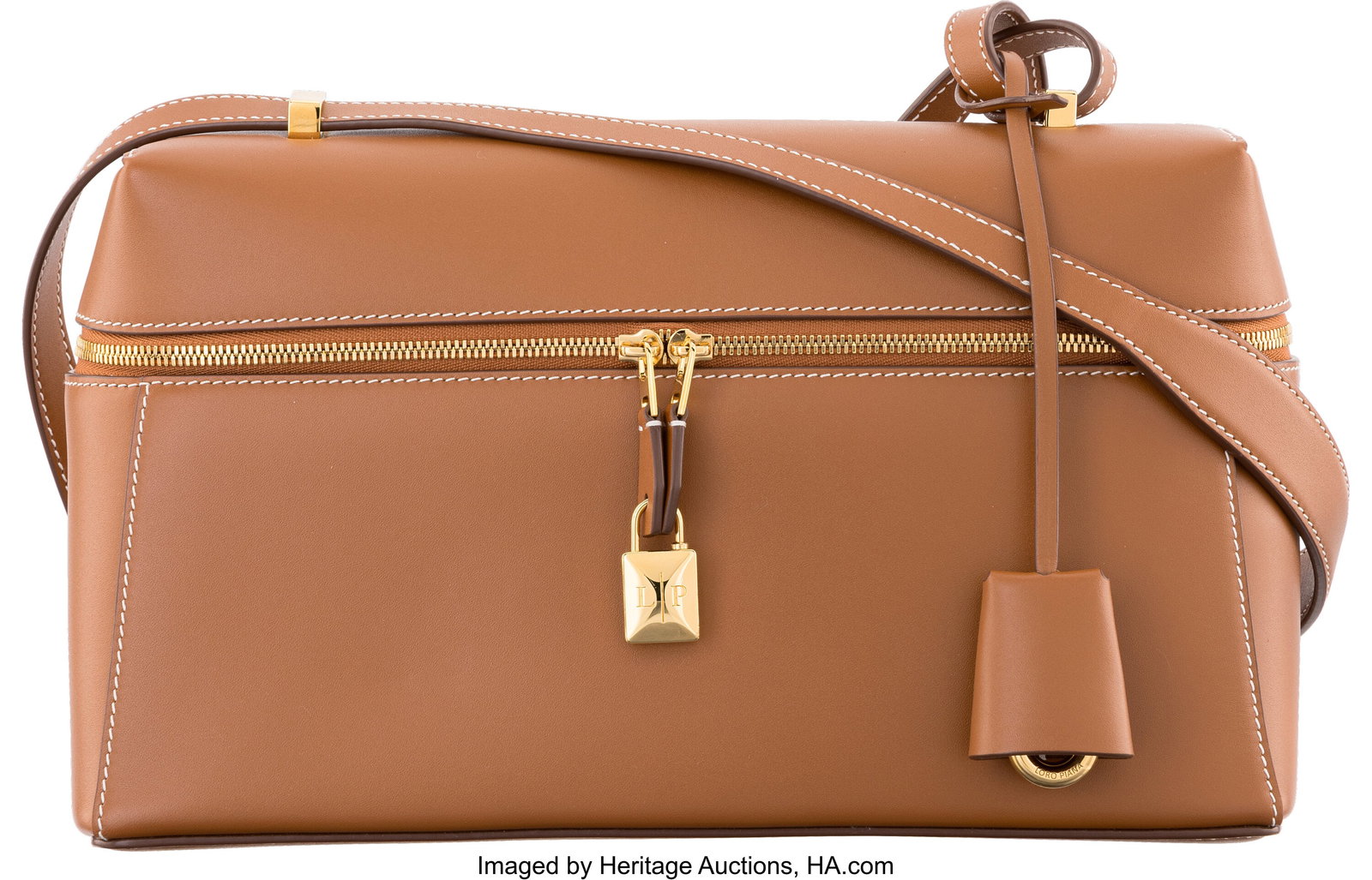 Loro Piana Brown Calfskin Leather Extra Bag L27 : Loro Piana Brown Calfskin Leather Extra Bag L27 with Gold Hardware Condition: 1 10.5" Width x 6.25" Height x 4" Depth This bag is done in Brown Calfskin Leather with Gold