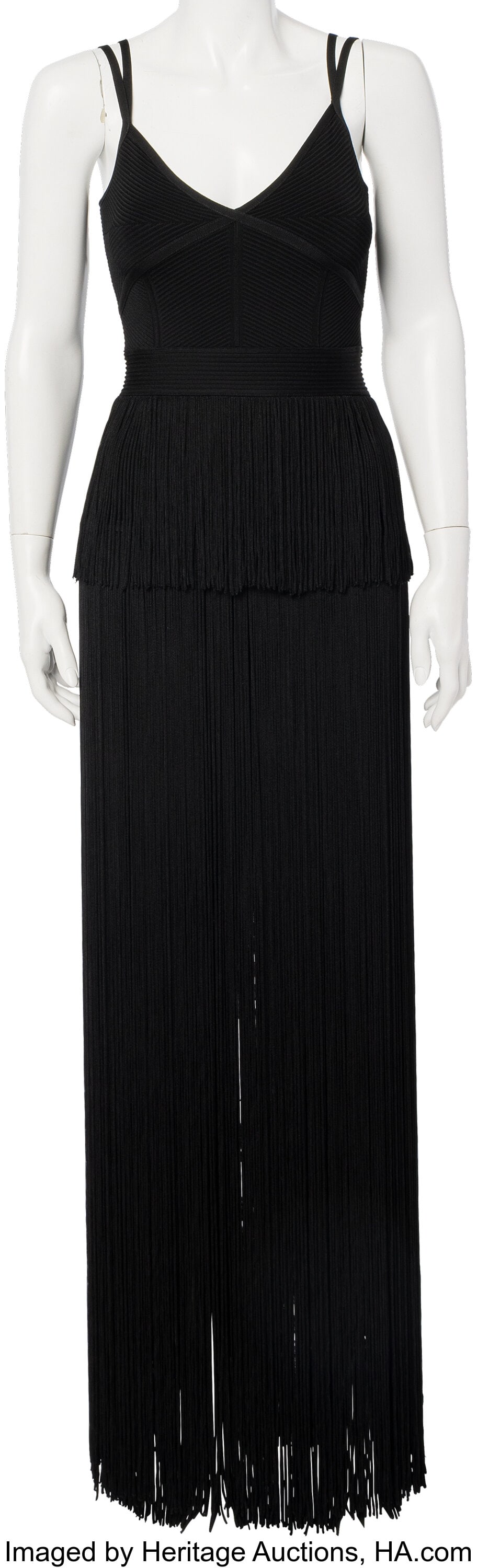 Hervé Léger Black Fringe Dress Condition: 1 S: Hervé Léger Black Fringe Dress Condition: 1 Size Small This dress is done in a Black fabric blend, featuring fringe detailing and a zip closure. The original retail