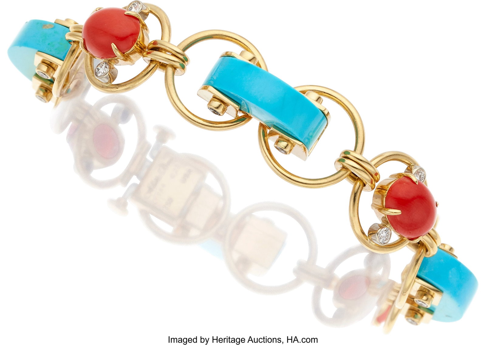 Aletto Bros. Turquoise, Coral, Diamond, Gold Bra: Aletto Bros. Turquoise, Coral, Diamond, Gold Bracelet Stones: Turquoise carvings; coral cabochons; full-cut diamonds weighing a total of approximately 1&period