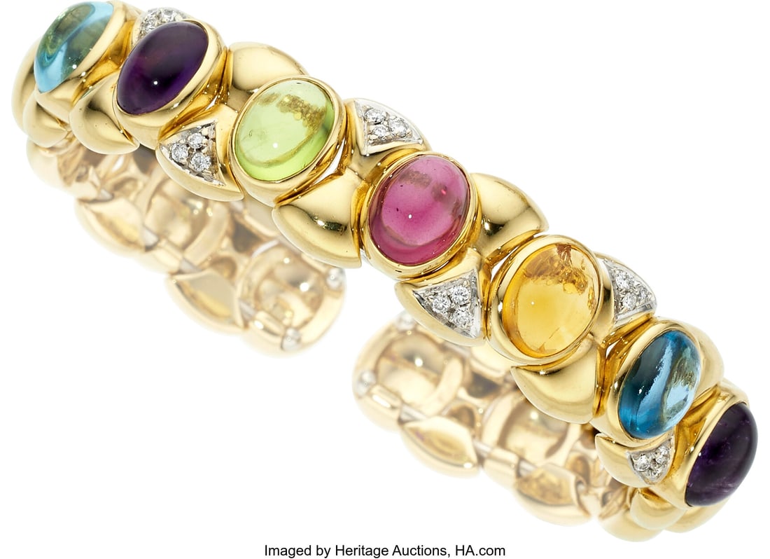 Falcone & Buttini di Giuseppe Falcone Multi-Ston: Falcone & Buttini di Giuseppe Falcone Multi-Stone, Diamond, Gold Bracelet Stones: Amethyst, blue topaz, citrine, rhodolite garnet, and peridot; full-