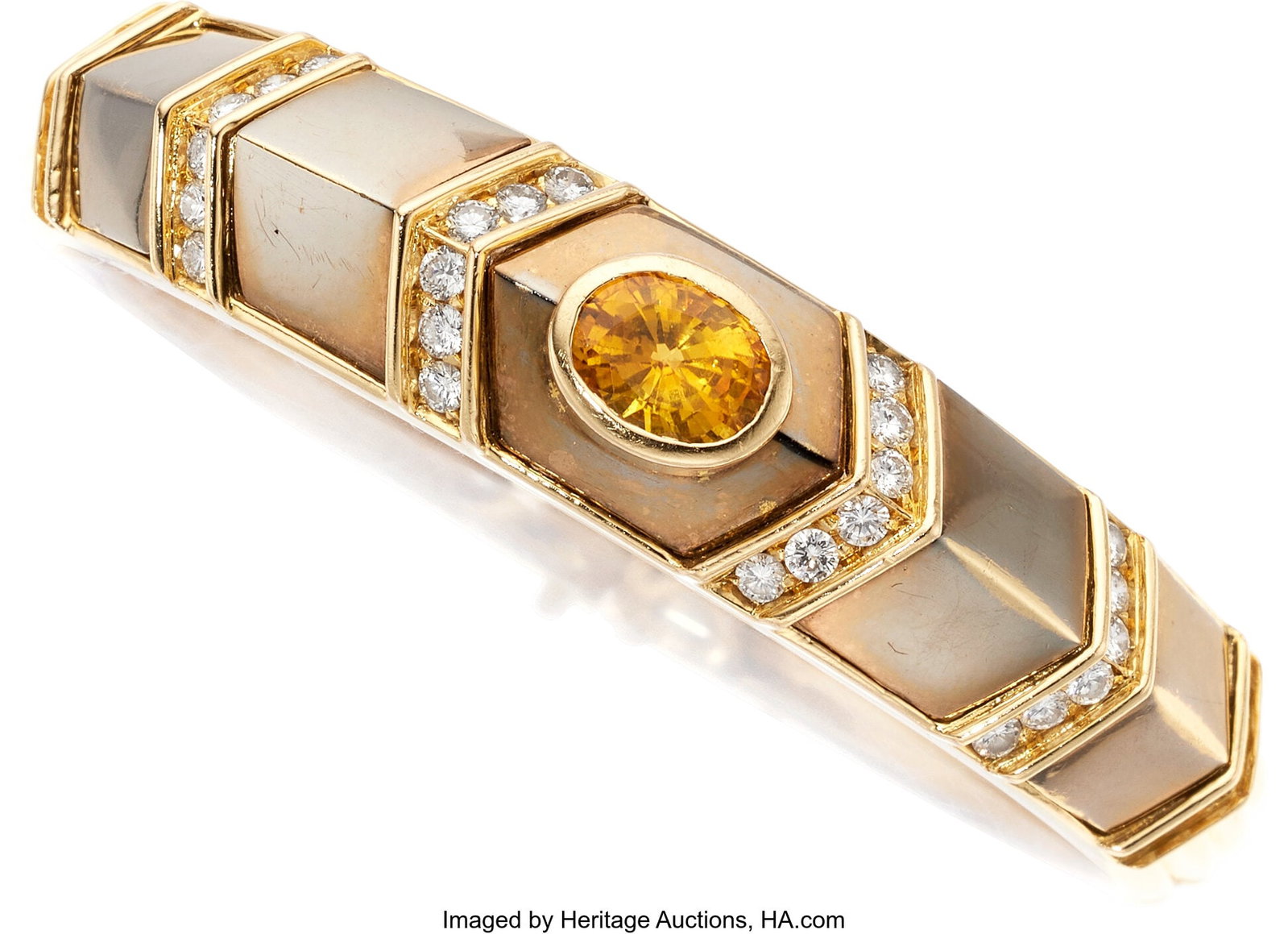 Fratelli Gaspari Citrine, Diamond, Gold Bracelet: Fratelli Gaspari Citrine, Diamond, Gold Bracelet Stones: Oval-shaped citrine; full-cut diamonds weighing a total of approximately 1.25 carats Metal: 18k gold Marked