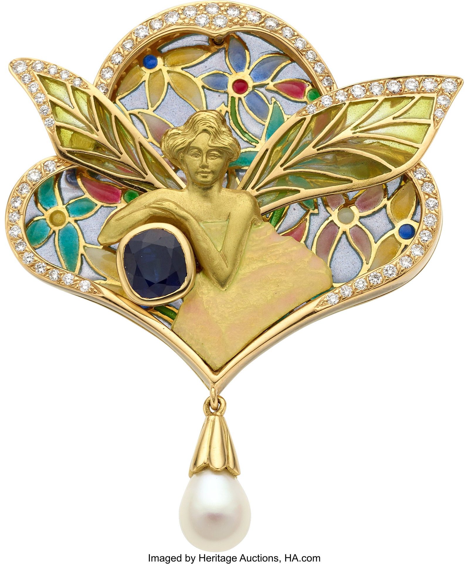 Nouveau 1910 Sapphire, Diamond, Cultured Pearl, : Nouveau 1910 Sapphire, Diamond, Cultured Pearl, Enamel, Gold Convertible Pendant-Brooch Stones: Cushion-shaped sapphire weighing approximately 3.00 carats; fu