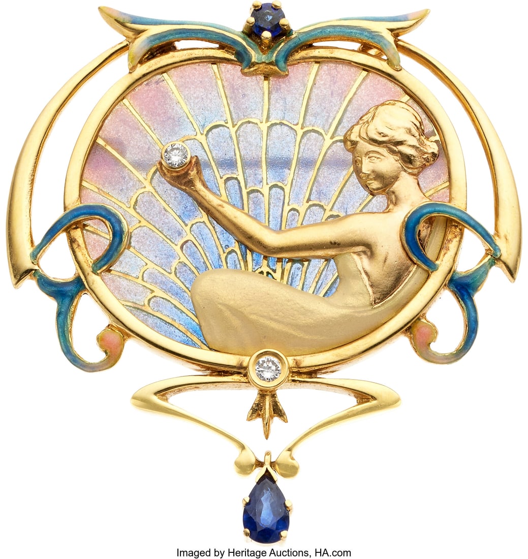 Nouveau 1910 Sapphire, Diamond, Enamel, Gold Pen: Nouveau 1910 Sapphire, Diamond, Enamel, Gold Pendant-Brooch Stones: Pear and round-shaped sapphires weighing a total of approximately 0.35 carat; full-cut diamonds 