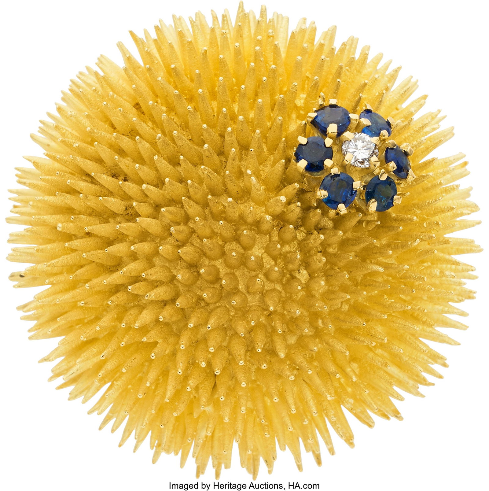 Tiffany & Co. Diamond, Sapphire, Gold Brooch St: Tiffany & Co. Diamond, Sapphire, Gold Brooch Stones: Round-shaped sapphires weighing a total of approximately 0.70 carat; full-cut diamond Metal: 18k gol