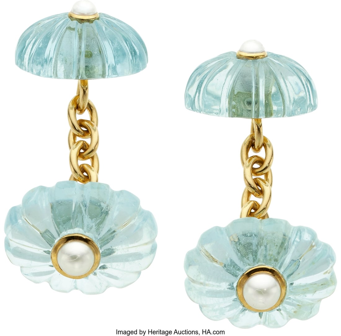 Seaman Schepps Aquamarine, Cultured Pearl, Gold : Seaman Schepps Aquamarine, Cultured Pearl, Gold Cuff Links Stones: Carved aquamarines Pearls: Cultured pearls measuring 2.60 mm - 3.80 mm Metal: 18k gold Ma