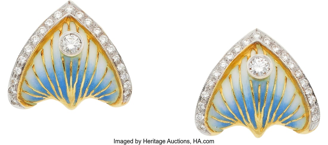 Masriera Diamond, Enamel, Gold Earrings Stones:: Masriera Diamond, Enamel, Gold Earrings Stones: Full-cut diamonds weighing a total of approximately 0.50 carat Element: Enamel Metal: 18k gold Marked: Masrie