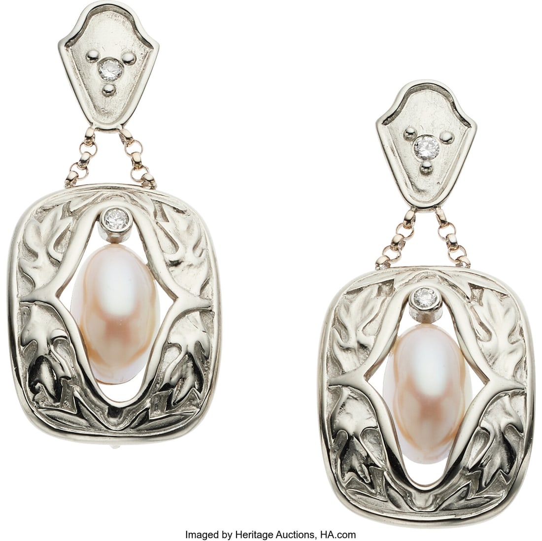 Eve Alfille Cultured Pearl, Diamond, White Gold : Eve Alfille Cultured Pearl, Diamond, White Gold Earrings Stones: Full-cut diamonds weighing a total of approximately 0.25 carat Pearls: Cultured pearls measuring 11&peri