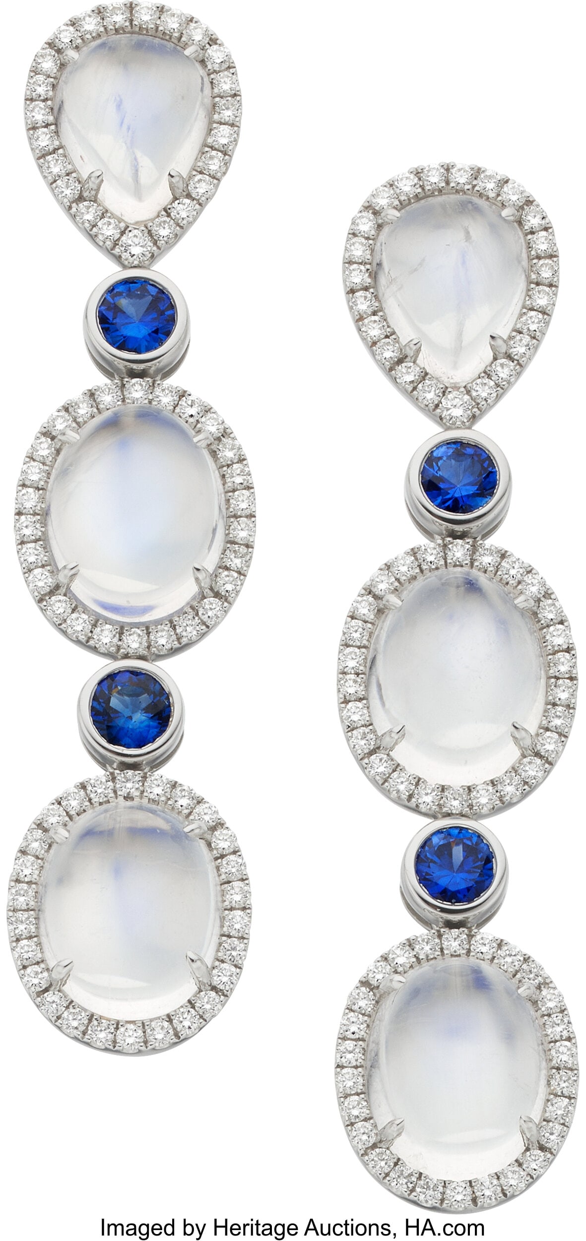 Spark Moonstone, Sapphire, Diamond, White Gold E: Spark Moonstone, Sapphire, Diamond, White Gold Earrings Stones: Moonstone cabochons; round-shaped sapphires weighing a total of approximately 1.00 carat; full-