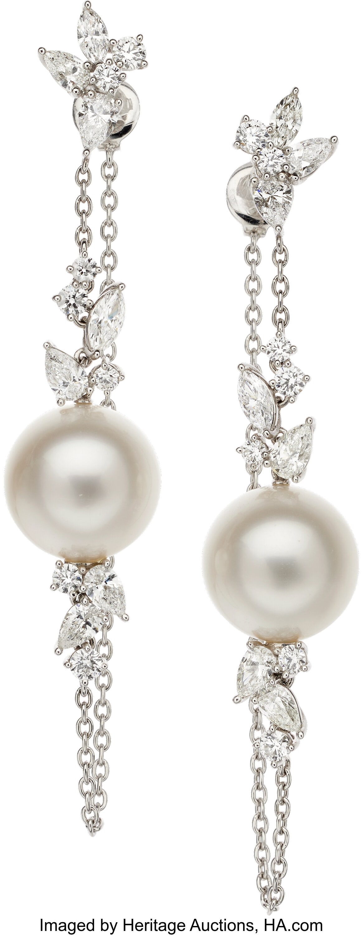 Mikimoto South Sea Cultured Pearl, Diamond, Whit: Mikimoto South Sea Cultured Pearl, Diamond, White Gold Earrings Stones: Marquise, pear, and full-cut diamonds weighing a total of 1.64 carats Pearls: South
