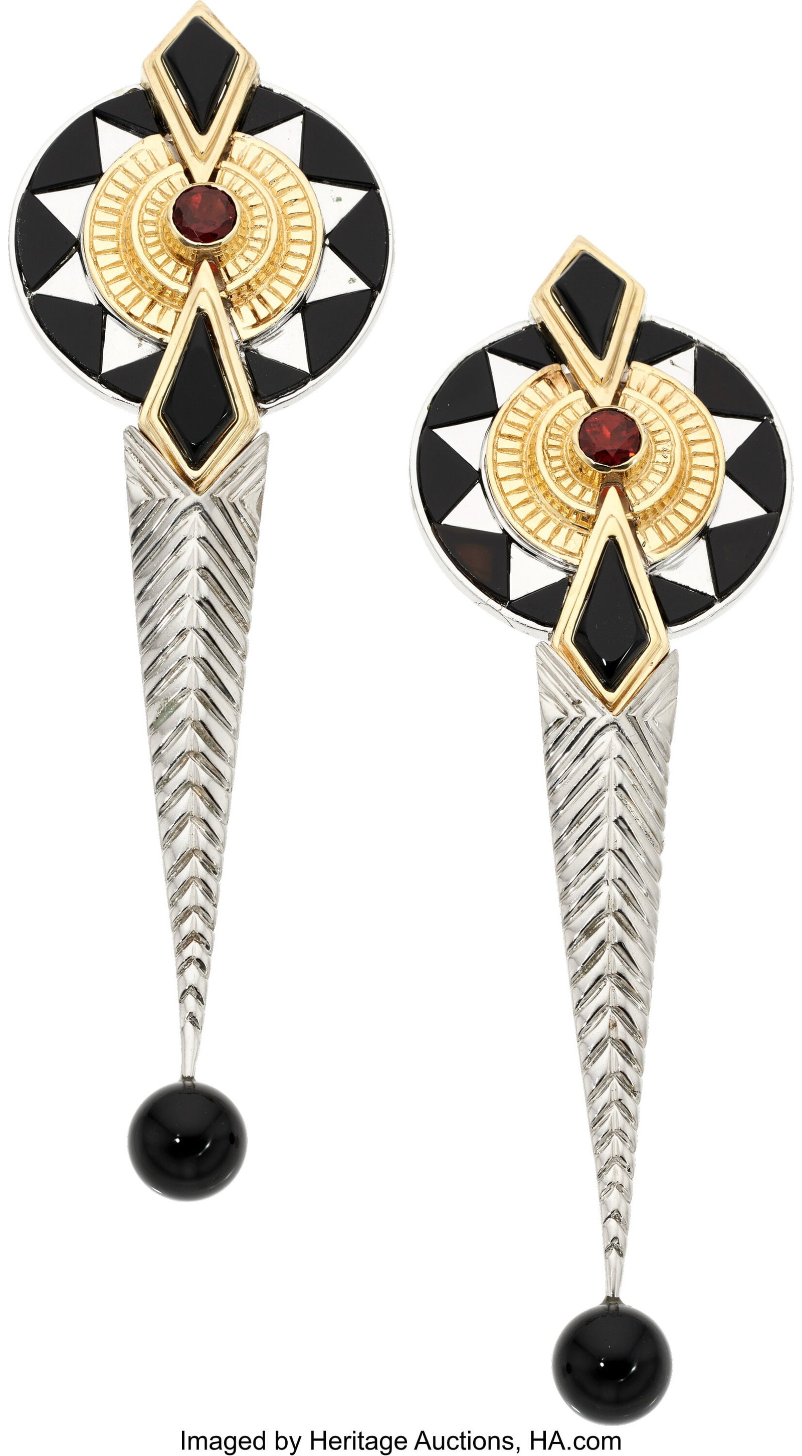 Erté Garnet, Black Onyx, Gold, Sterling Silver : Erté Garnet, Black Onyx, Gold, Sterling Silver Earrings, circa 2002 Stones: Round-shaped garnets weighing a total of approximately 0.90 carat; carved b