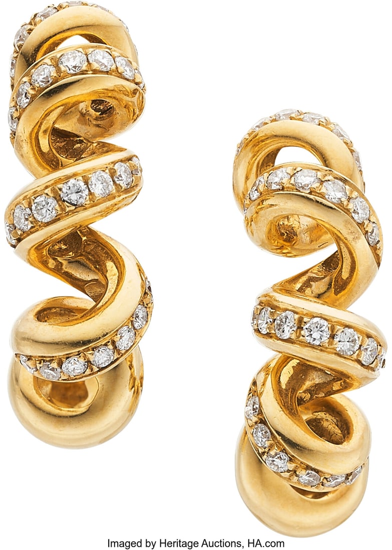 Boucheron Diamond, Gold Earrings, French Stones: Boucheron Diamond, Gold Earrings, French Stones: Full-cut diamonds weighing a total of approximately 0.75 carat Metal: 18k gold Marked: Boucheron with French hallm