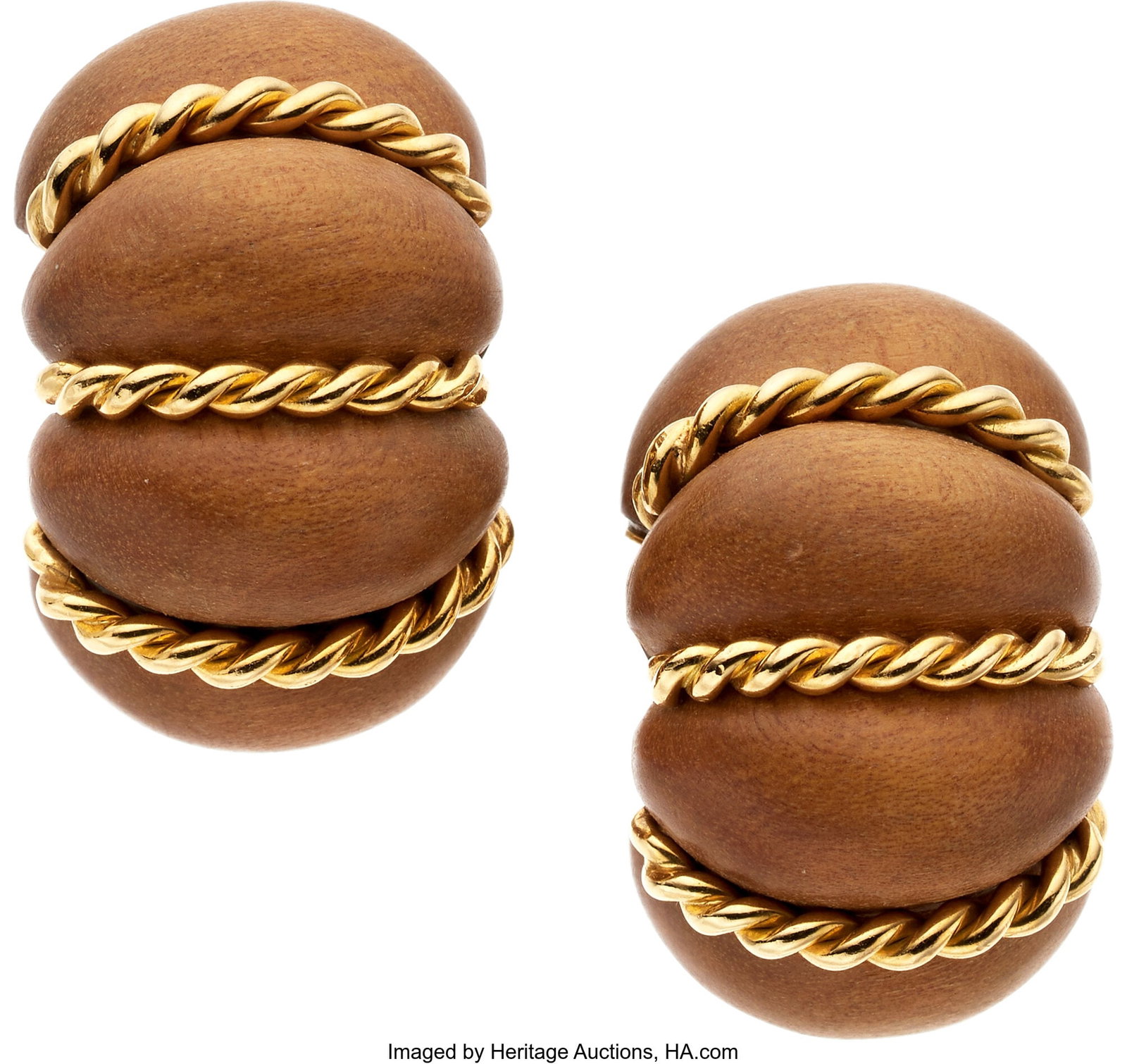 Seaman Schepps Wood, Gold Earrings Element: Woo: Seaman Schepps Wood, Gold Earrings Element: Wood Metal: 18k gold Marked: Seaman Schepps Gross Weight: 15.00 grams Dimensions: 1 inch x 5/8 inch *Note