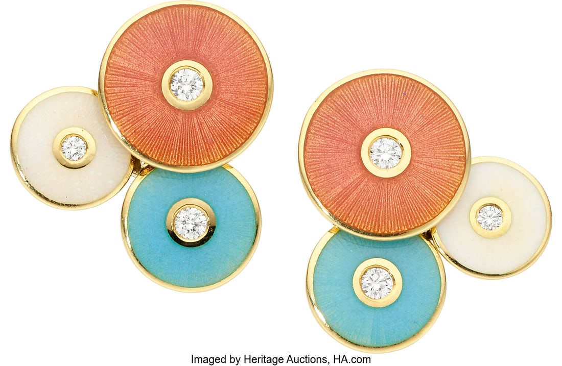 Victor Mayer Fabergé Modern Diamond, Enamel, Go: Victor Mayer Fabergé Modern Diamond, Enamel, Gold Earrings Stones: Full-cut diamond weighing a total of approximately 0.25 carat Element: Enamel Metal: 18k 