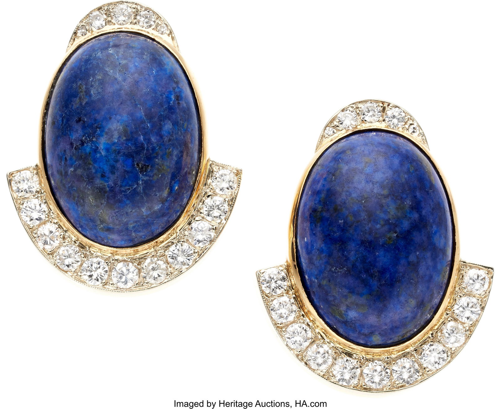 Sterlé Lapis Lazuli, Diamond, Gold Earrings St: Sterlé Lapis Lazuli, Diamond, Gold Earrings Stones: Lapis lazuli cabochons; full-cut diamonds weighing a total of approximately 2.50 carats Metal: 14k gold M