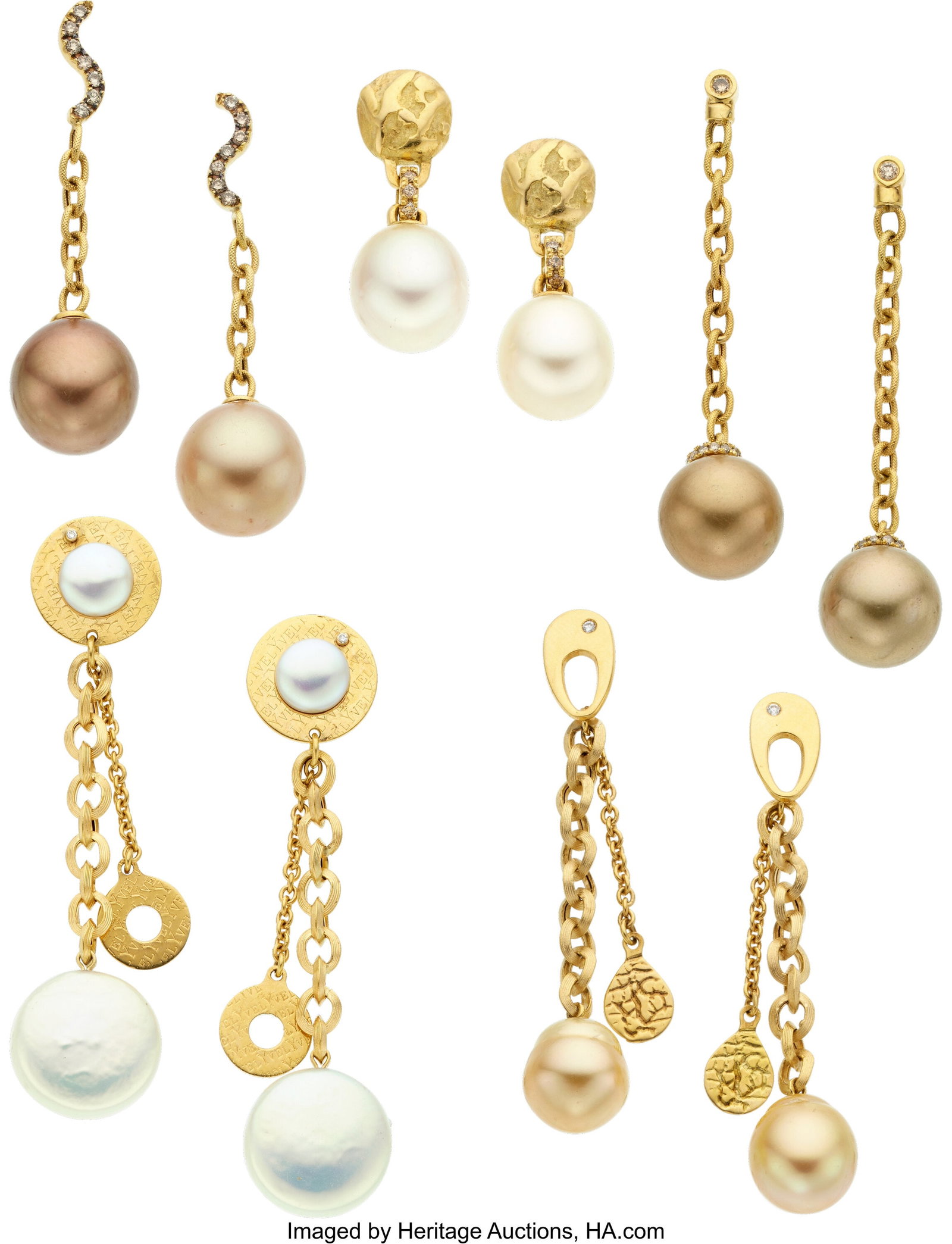 Yvel Cultured Pearl, Diamond, Colored Diamond, G: Yvel Cultured Pearl, Diamond, Colored Diamond, Gold Earrings Stones: Full-cut near colorless and colored diamonds weighing a total of approximately 0.50 carat Pearls&col