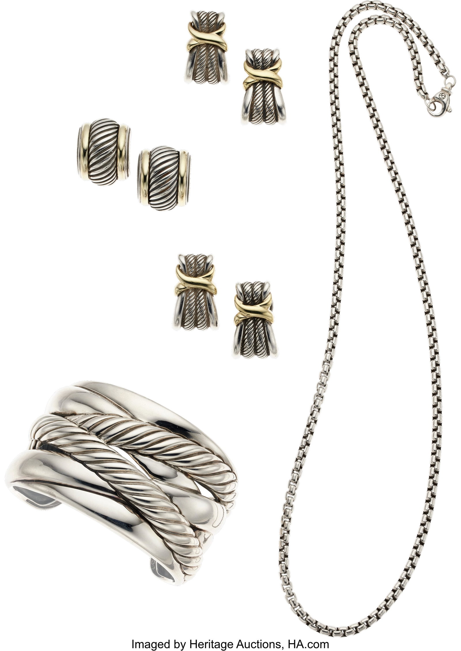 David Yurman Gold, Silver Jewelry Metal: 14k go: David Yurman Gold, Silver Jewelry Metal: 14k gold and silver Marked: for David Yurman Gross Weight: 155.10 grams Earring Dimensions: 13/16 inch x 11/16 inc