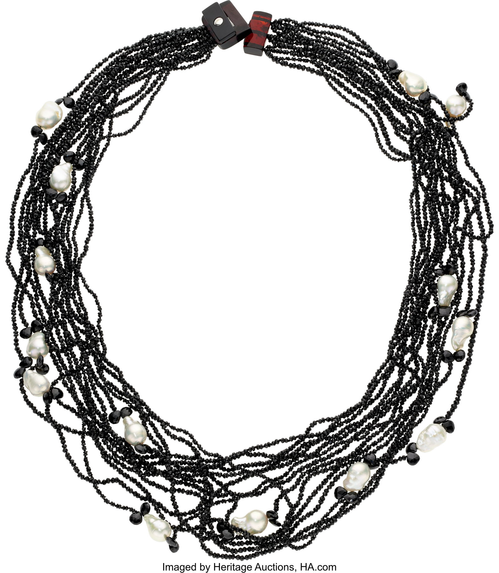 Eva Nueva Black Spinel, Freshwater Cultured Pear: Eva Nueva Black Spinel, Freshwater Cultured Pearl, Amber, White Metal Necklace Stones: Faceted black spinel beads; carved amber; black hardstone Pearls: Freshwa