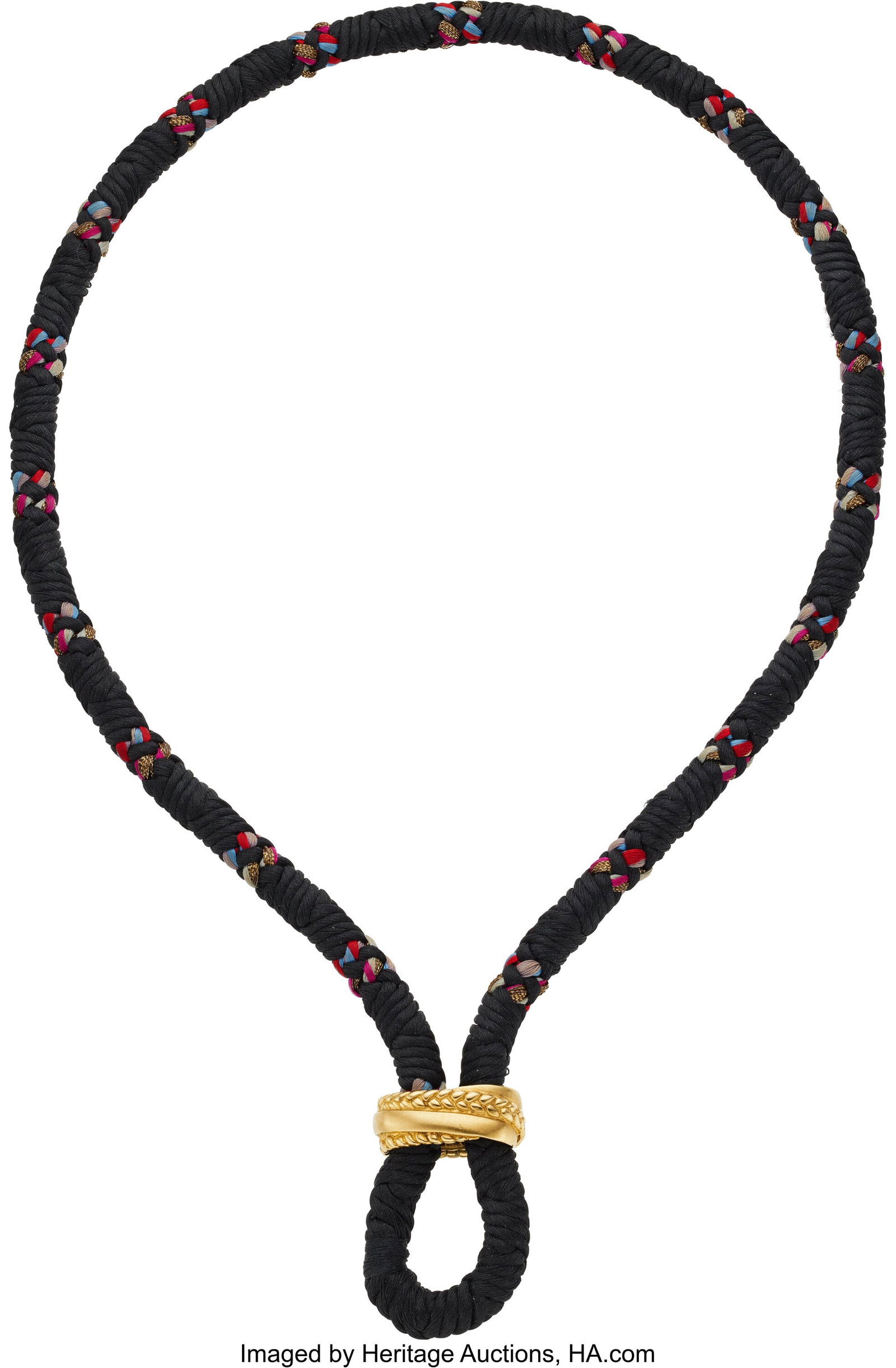 Angela Cummings for Tiffany & Co. Gold, Silk Pen: Angela Cummings for Tiffany & Co. Gold, Silk Pendant-Necklace, Circa 1981 Element: Silk Metal: 18k gold Marked: Angela Cummings for Tiffany & Co. &l