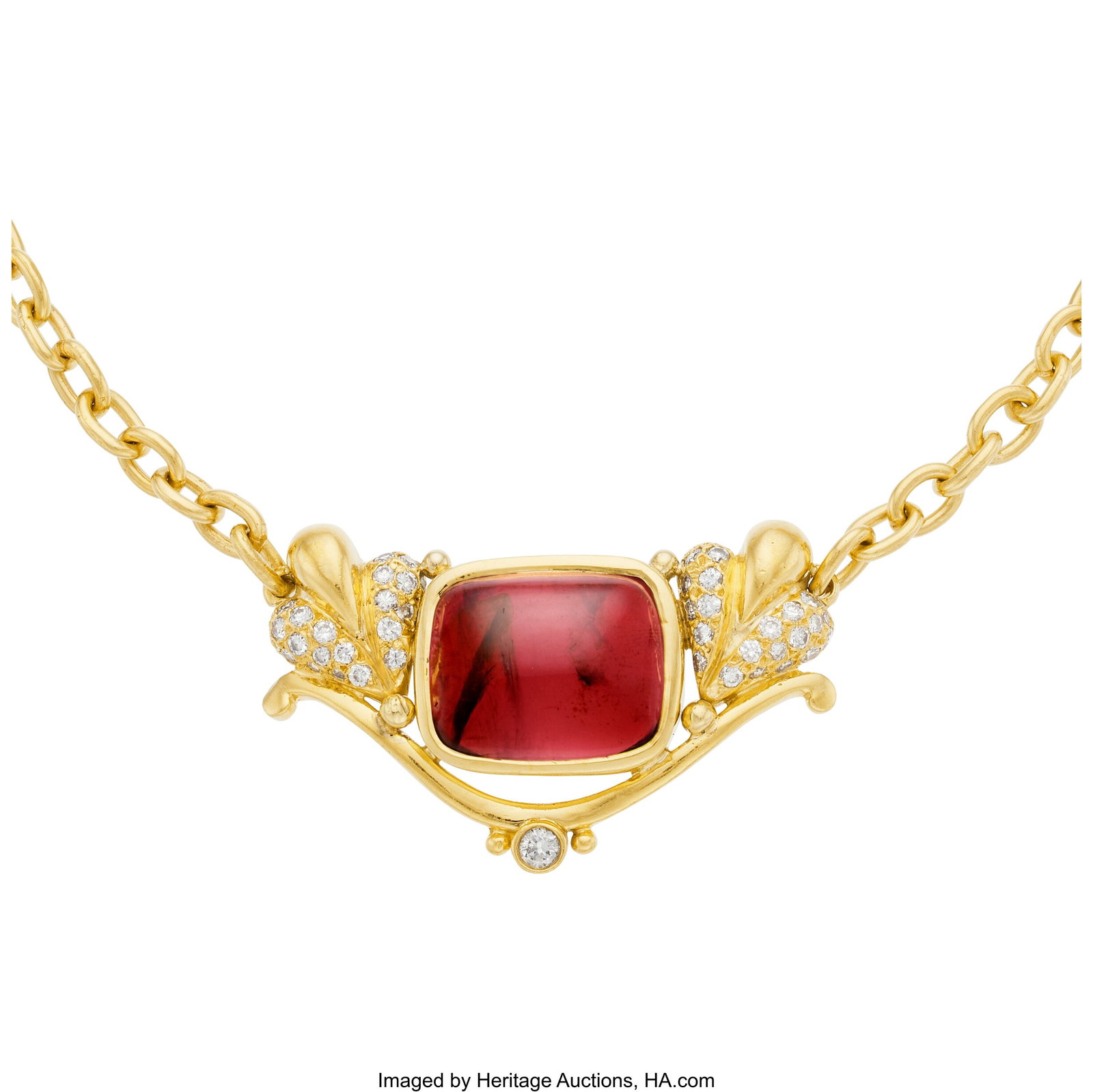 Helen Woodhull Garnet, Diamond, Gold Necklace, c: Helen Woodhull Garnet, Diamond, Gold Necklace, circa 1985 Stones: Garnet cabochon; full-cut diamonds weighing a total of approximately 0.95 carat Metal: 22k g